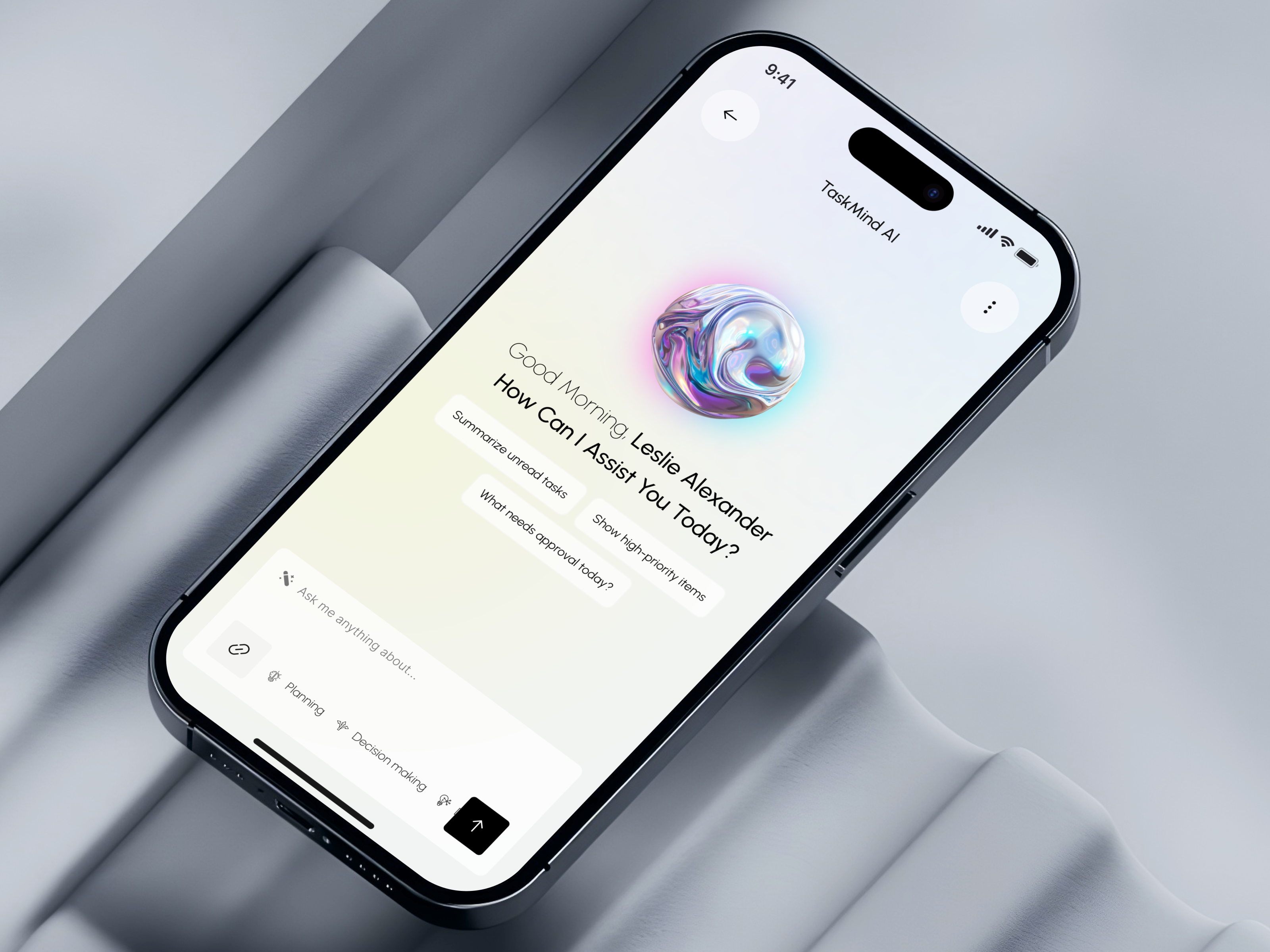 Intelligent Task Management Mobile App UI/UX Design ai assistant app design clean design glassmorphism ios minimal ui mobile mobile app new design planning task management task manager ui design workflow