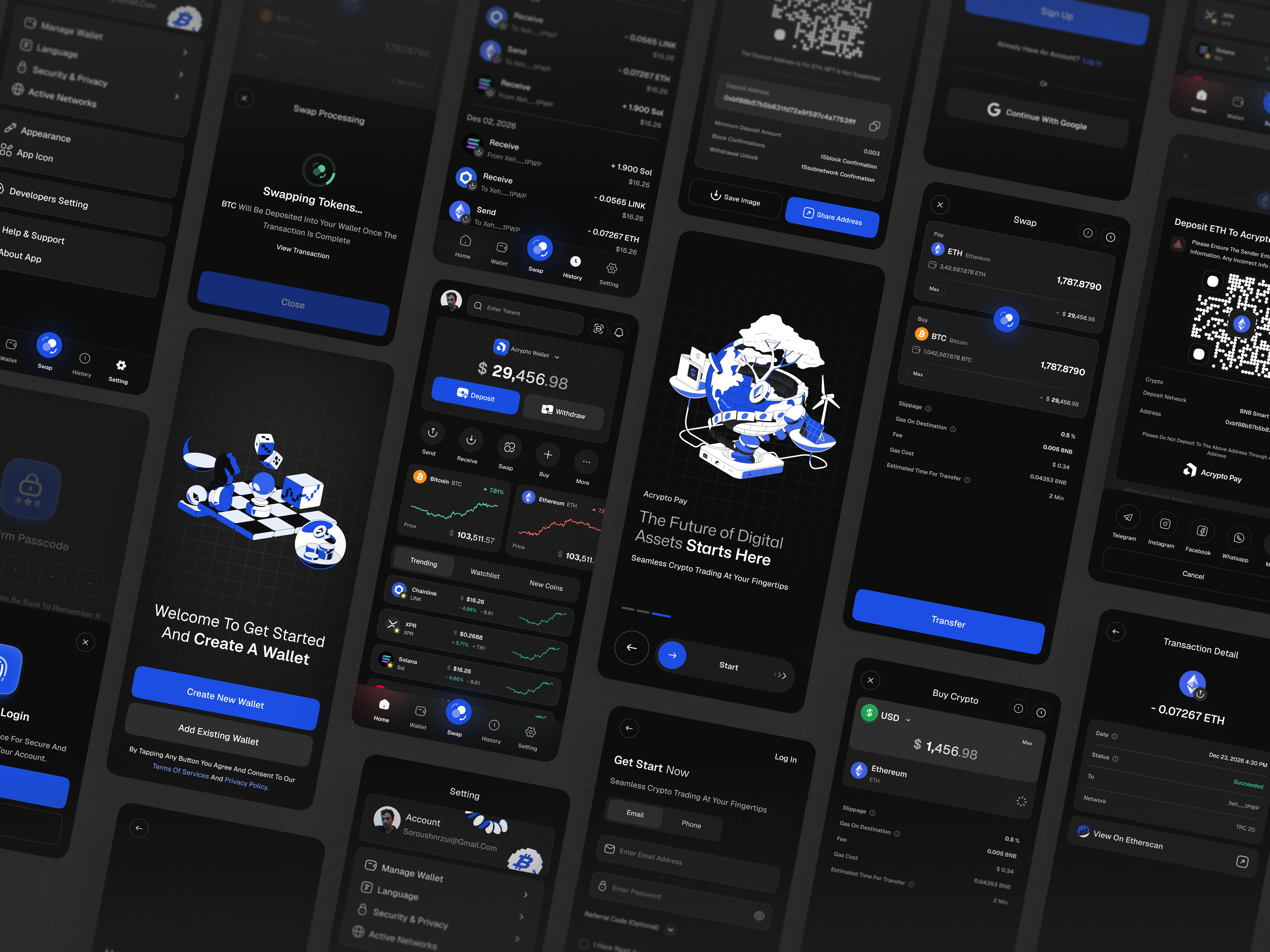 Acrypto Pay — Crypto Wallet & Payment UI Kit app blue dark design home page illustration minimal mobile qr code scan screens ui ui kit ux wallet