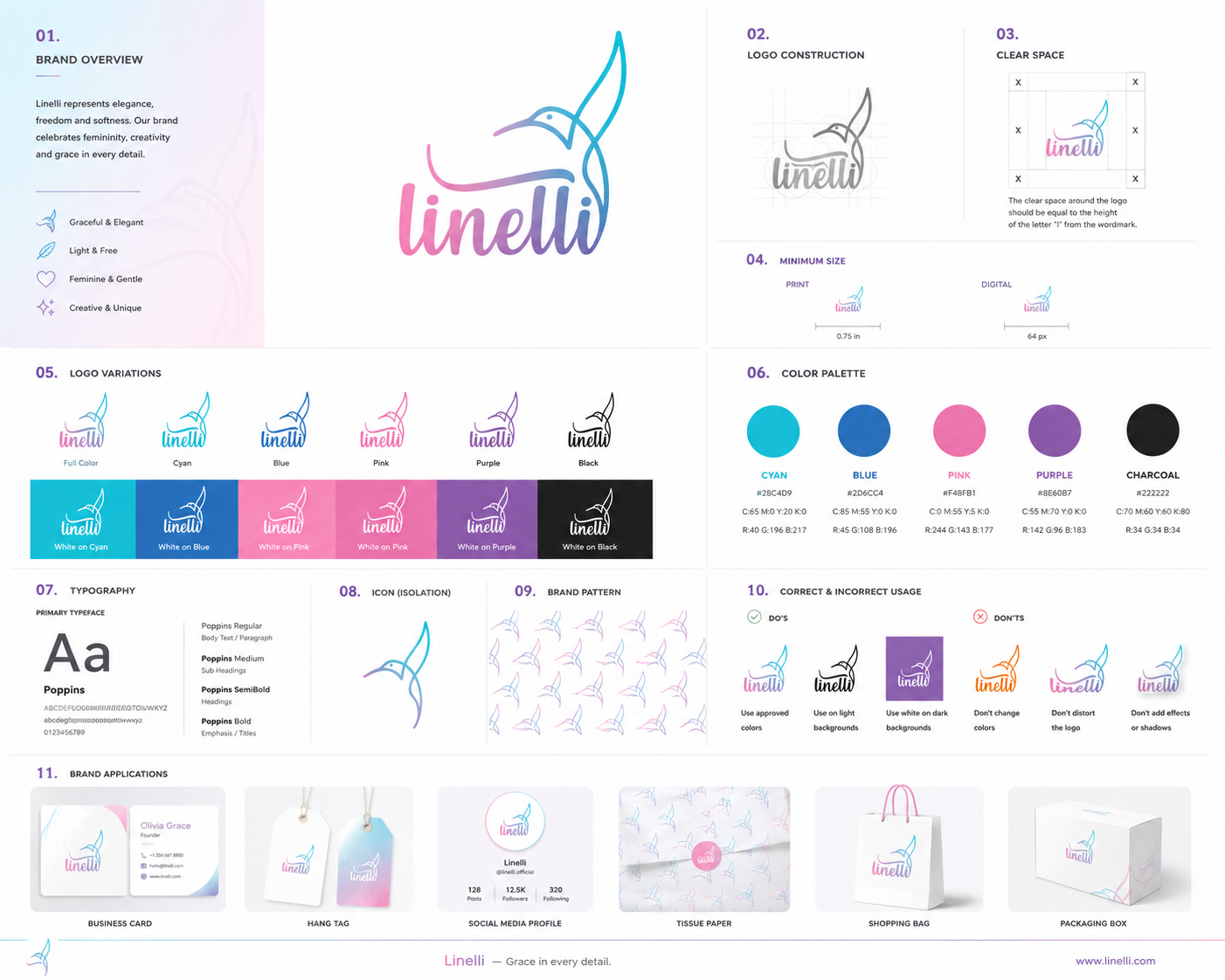 Linelli Brand Guide beauty branding brand book brand guidelines brand identity brand strategy brand style guide branding fashion branding feminine branding hummingbird logo identity design logo design luxury branding minimalist logo packaging design rebranding stationery design vector logo visual branding visual identity
