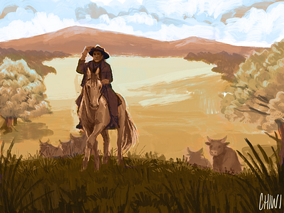 On the Range concept art cowboy design fantasy fantasy art horse illustration illustrator landscape outdoors painting ranch western