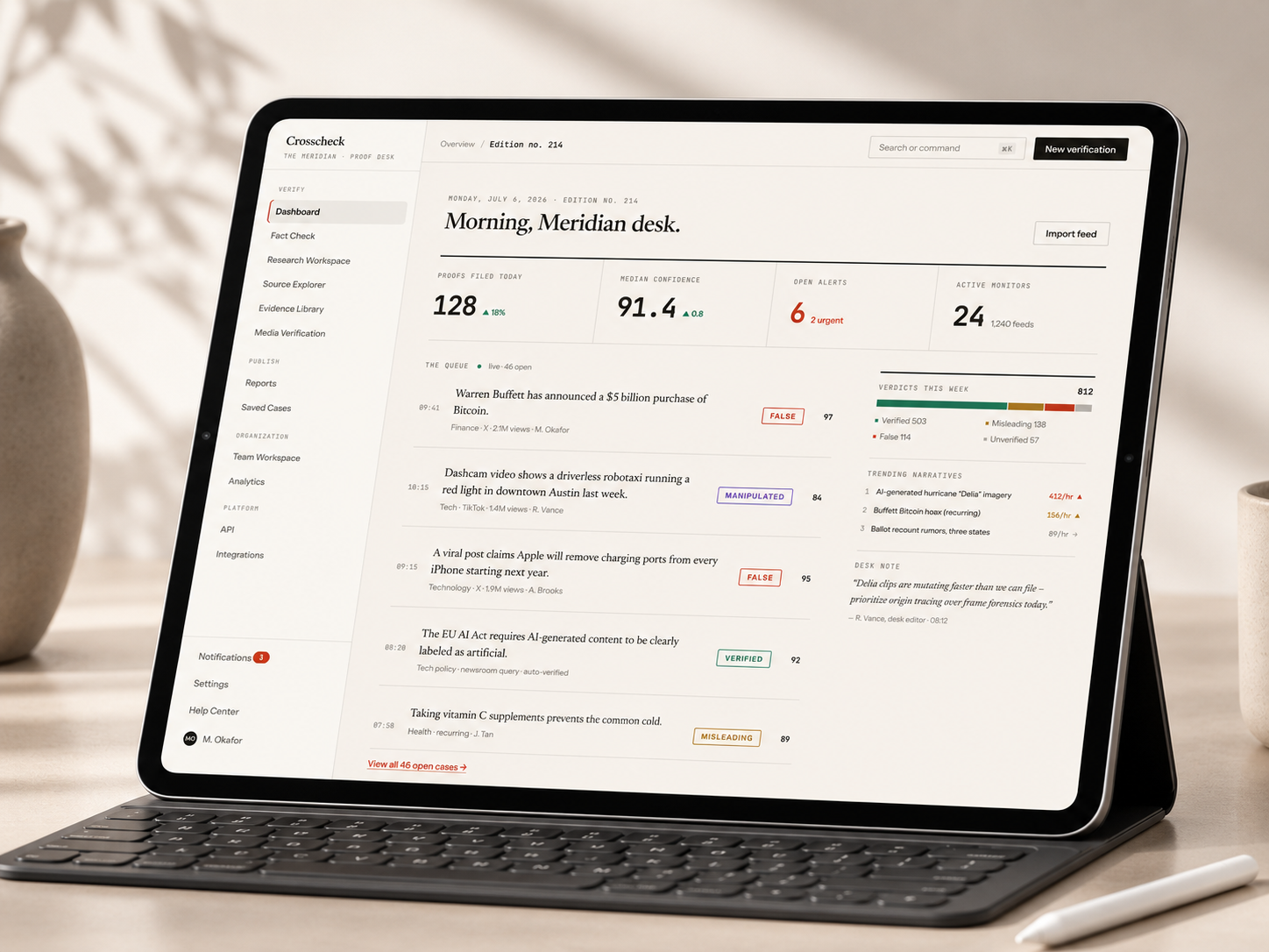 Crosscheck - AI Fact-Checking Platform ai assistant ai assistant ui ai dashboard ai fact checking ai saas cyber security fact check fact checker fact checking fact checking platform fact checking saas factchecking fake news detection journalism tool misinformation dashboard newsroom software uiux design web design