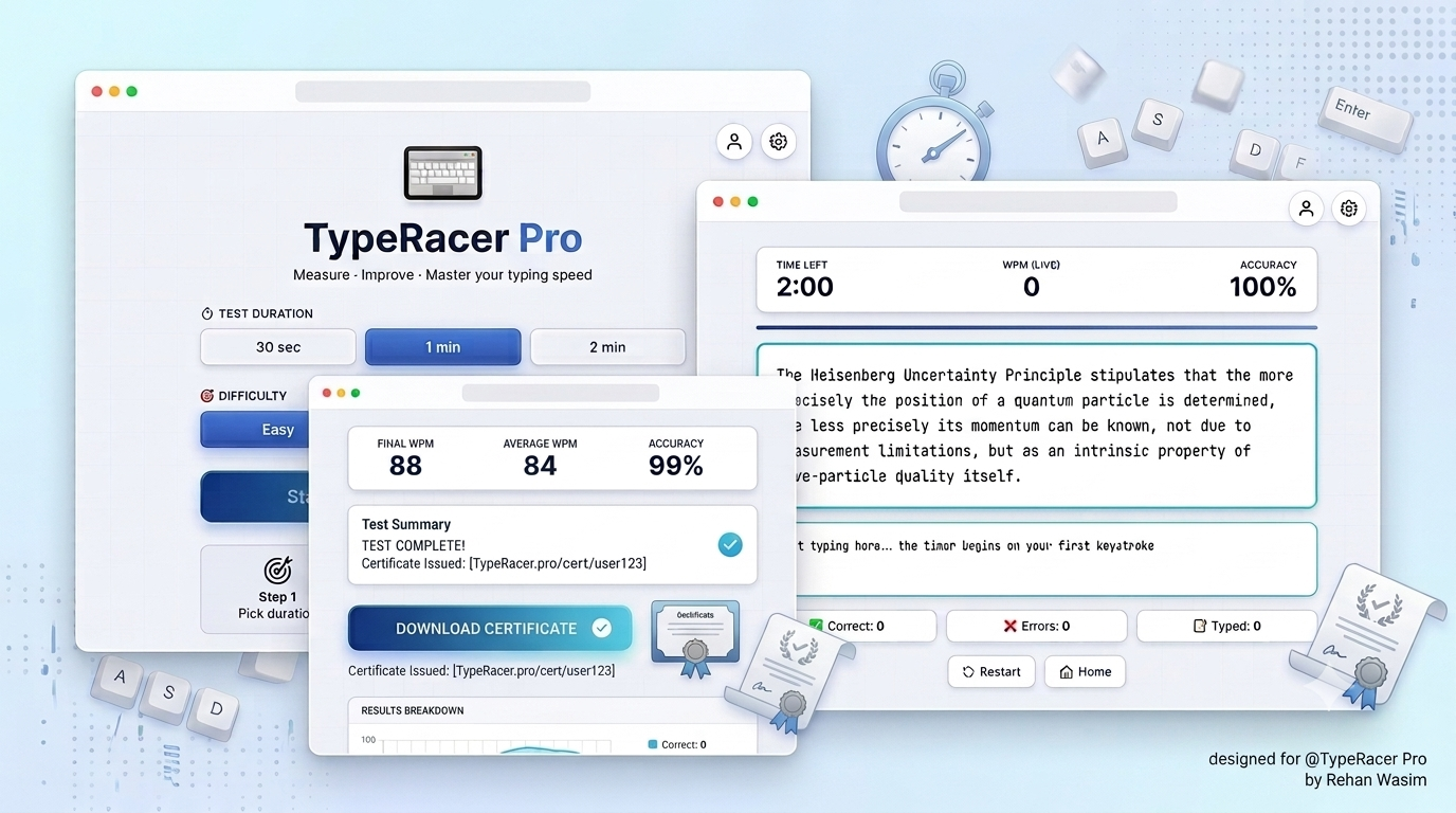 TypeRacer Pro – Premium Typing Speed css dashboard education figma glassmorphism html javascript keyboard landing page minimal modern ui productivity saas typeracer typing typing test ui ux web design website