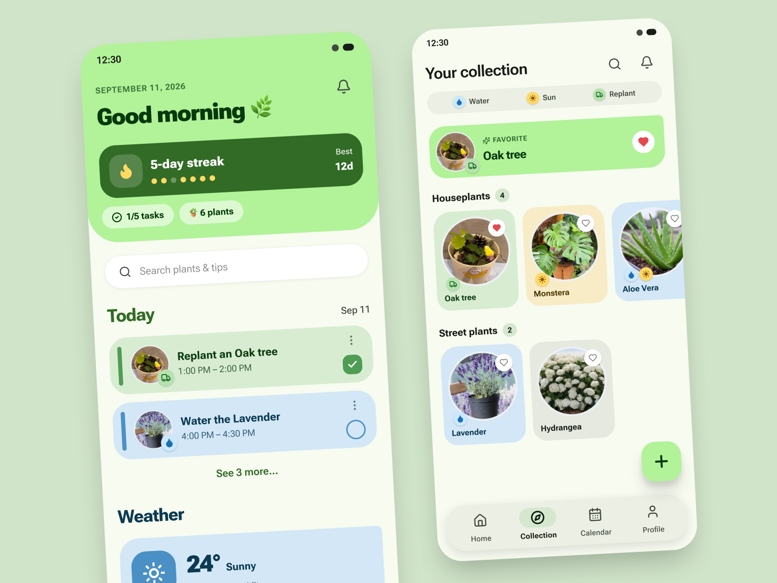 Plant Care & Tracker App app app design botanical calendar cards clean ui design eco figma green green colors houseplant material 3 expressive mobile app mobile desing nature plant app plants ui weather widget
