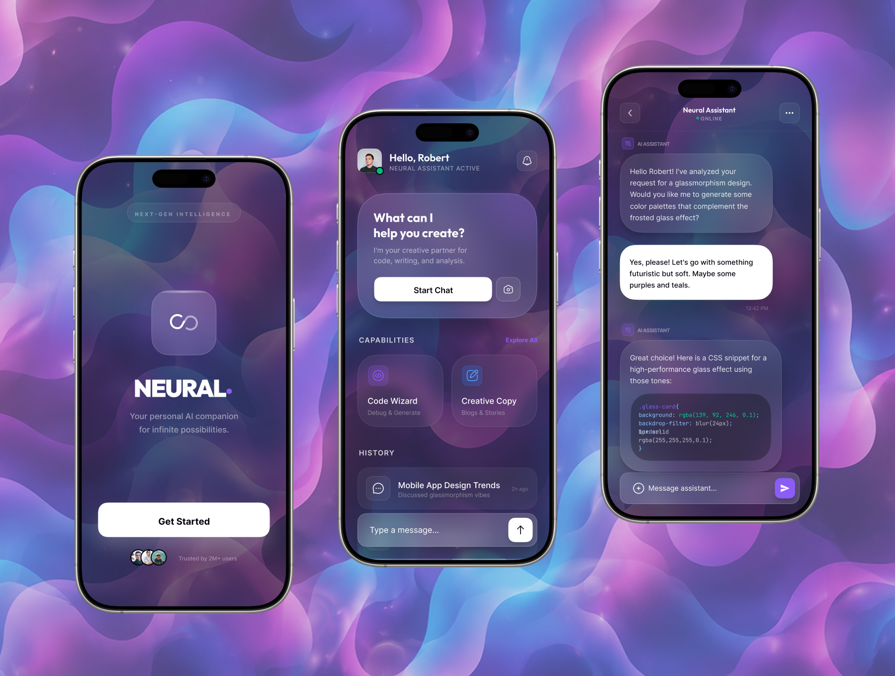 Neural AI - Glassmorphism AI Chat App ai app ai chat ai conversation chat ai chatgpt conversation glass glass ui glassmorphism gpt homepage ios mobile mobile ai mobile design mobile ui kit pink purple question splash screen