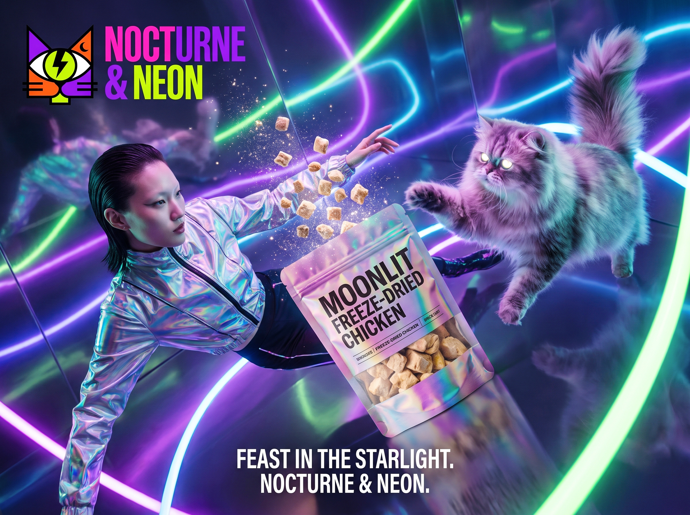 NOCTURNE & NEON | Cyber Pet Brand Identity by Up-Brands™ brand identity cyber cat logo dtc experience design holographic bag lifestyle luxury branding modern luxury neon green niche nocturnal purple nocturne neon packaging design pet lifestyle rebranding retail design tote bag visual identity white studio store 品牌