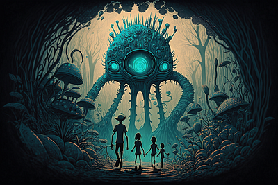 An Alien Family in the Jungle ai aiart art design digital art graphic design illustration midjourney ui vector