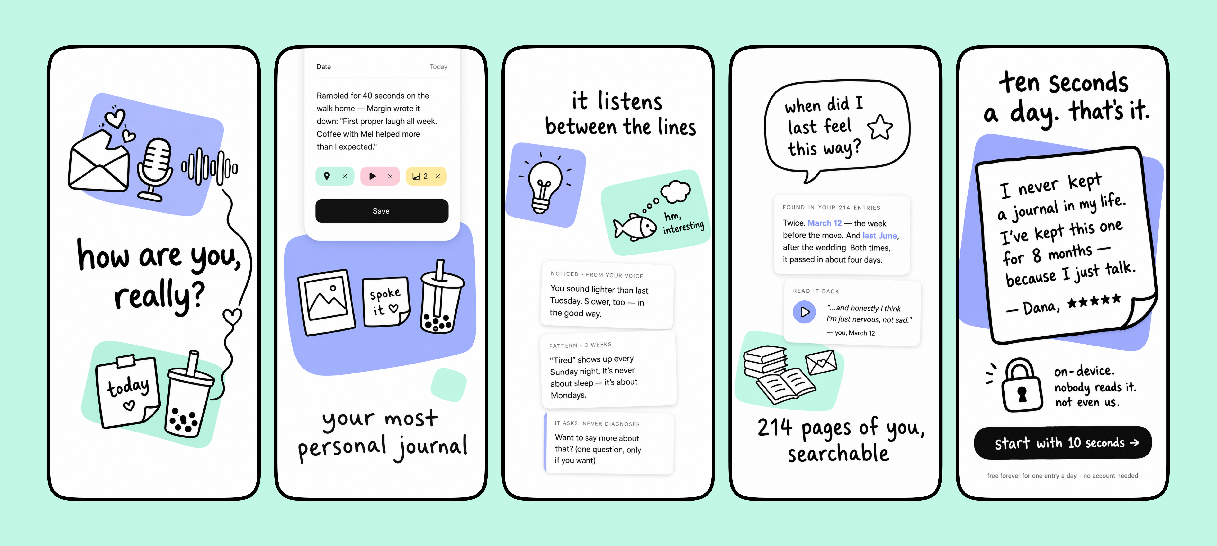 Margin: AI voice journal for people who don’t journal ai app journal ai voice chat aiproductdesign app design app store screenshots doodles illustration interface ios journaling app voice note