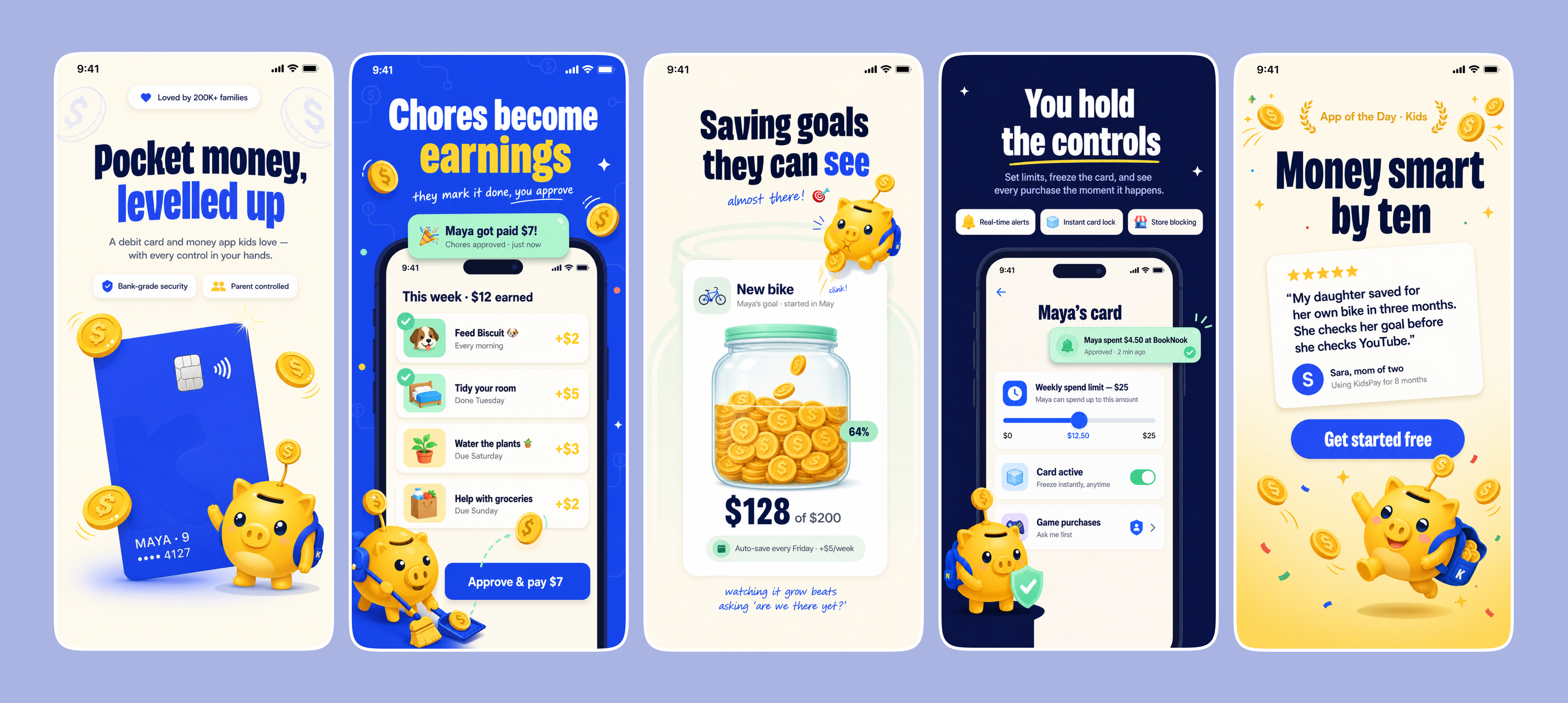 App Store Screenshots | KidsPay: pocket money, levelled up appstorescreenshots branding design finance for kids fintechdesign illustration kids app kids mobile app kids pocket money app mascotdesign money control savings app