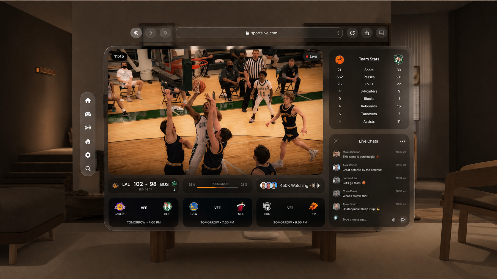Vision Pro Sports Experience- Spatial Streaming ai powered insights designoweb technologies extendedreality fifa football live gesture based interactions live chat ott spatial entertainment spatialcomputing sports brodcast sports streaming trending ui ui ux vision pro app xr application