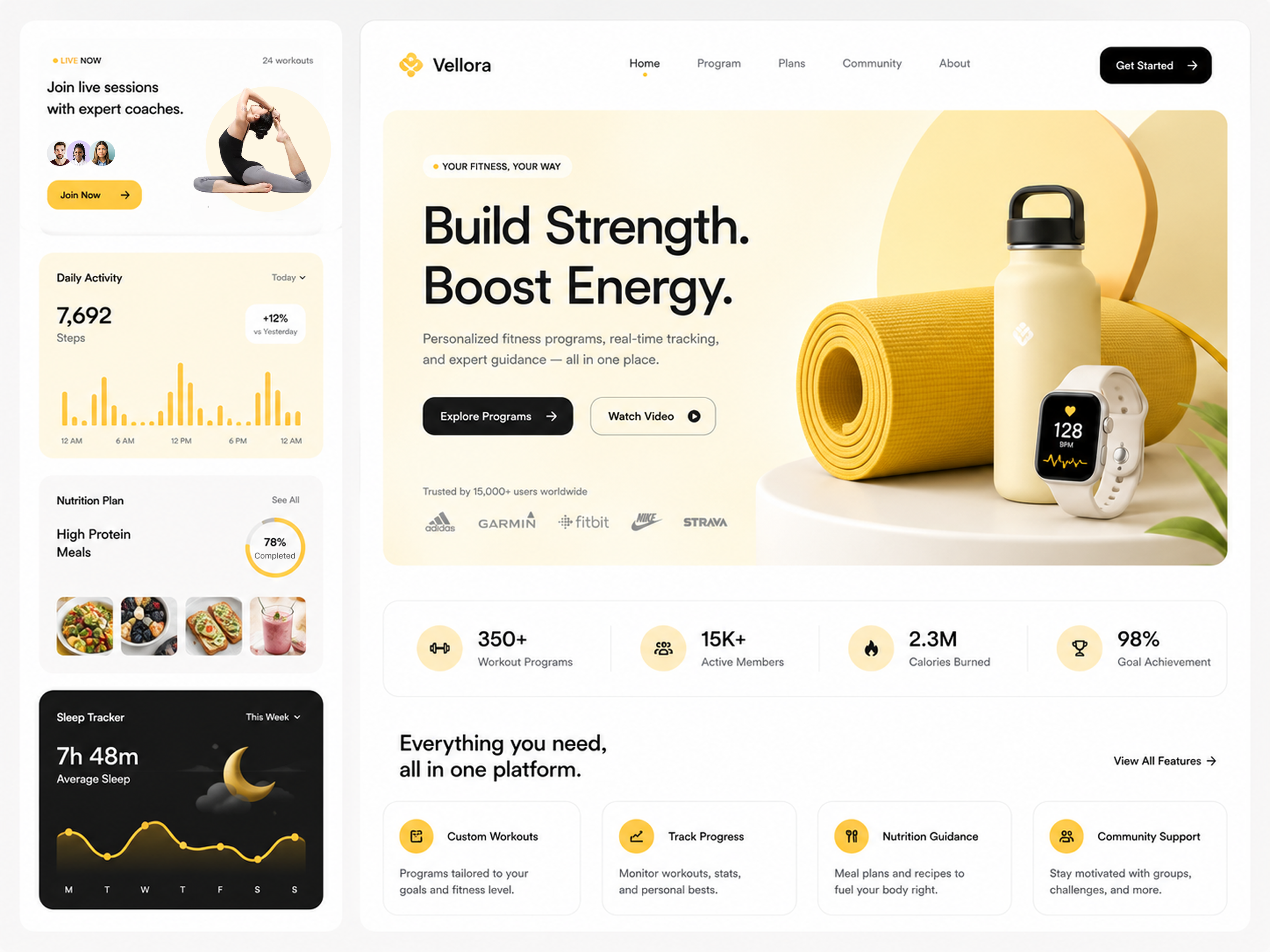 Fitness & Wellness App Landing Page UI Design activity tracker figma fitness app fitness dashboard fitness website health app landing page landing page design nutrition app product design sleep tracker ui ui design ux design web design website design wellness app workout app