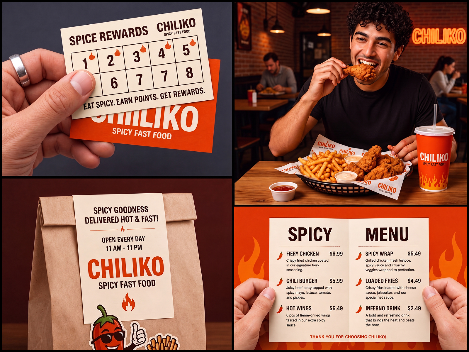 Chiliko - Spicy Fast Food Brand Identity brand experience brand identity brand strategy fast food branding food packaging graphic design hero ui logo design marketing design menu design packaging design print design restaurant branding restaurant design techwitpro typography visual identity web ui