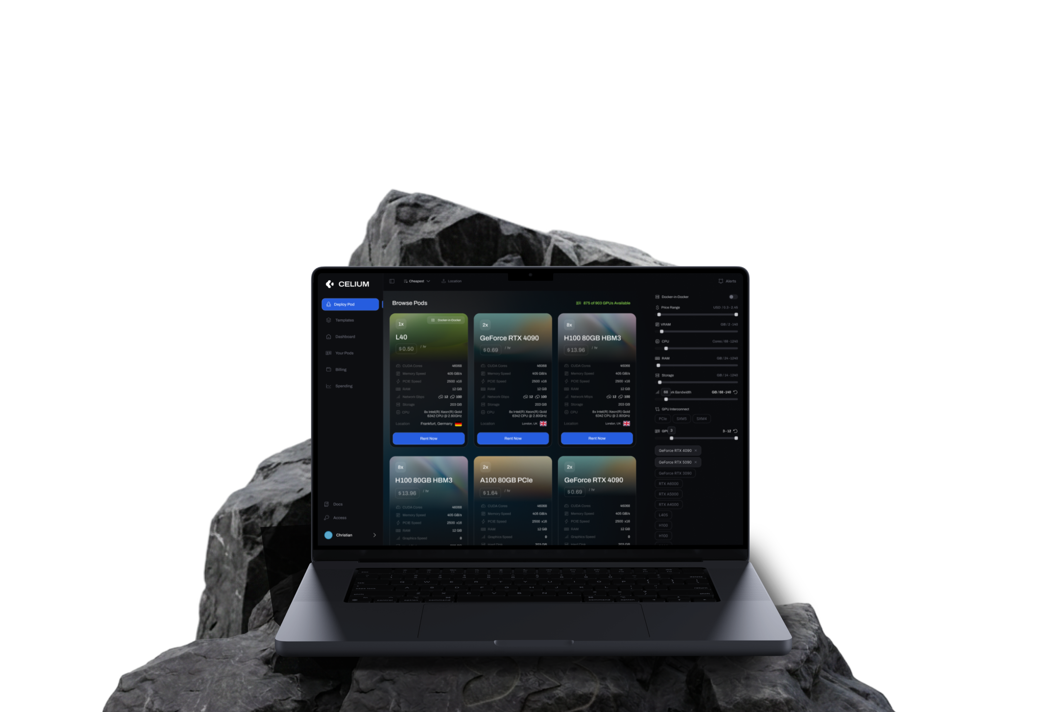 Celium — GPU Rental Marketplace cloud dark ui dashboard data visualization dev tools gpu map marketplace saas telemetry ui ux