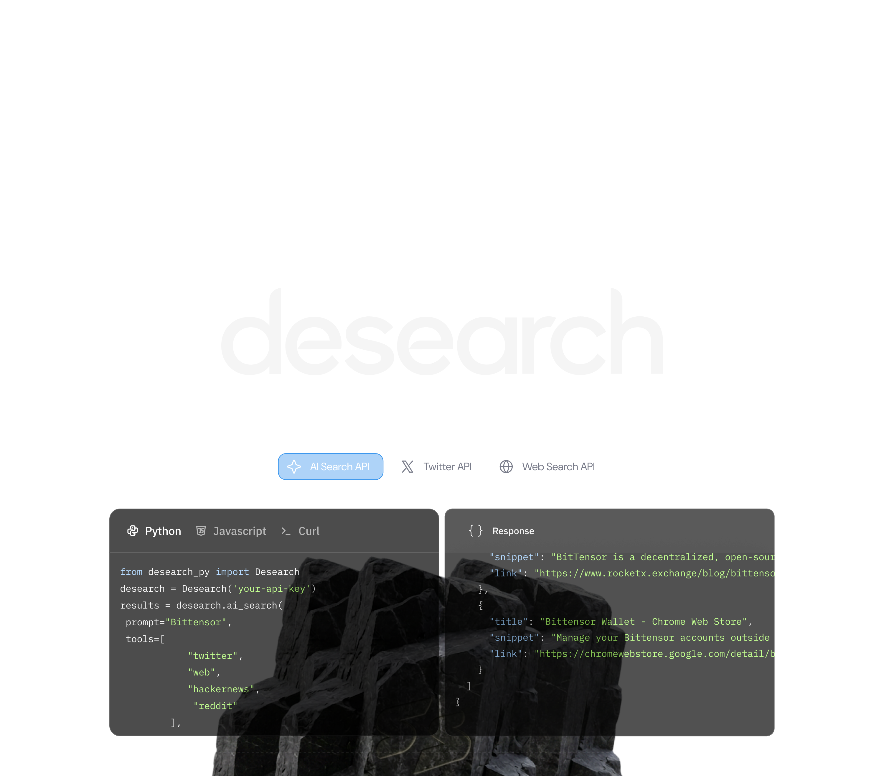 Desearch — AI Search You Can Verify ai api citations dark ui dashboard developer tools playground product design saas search