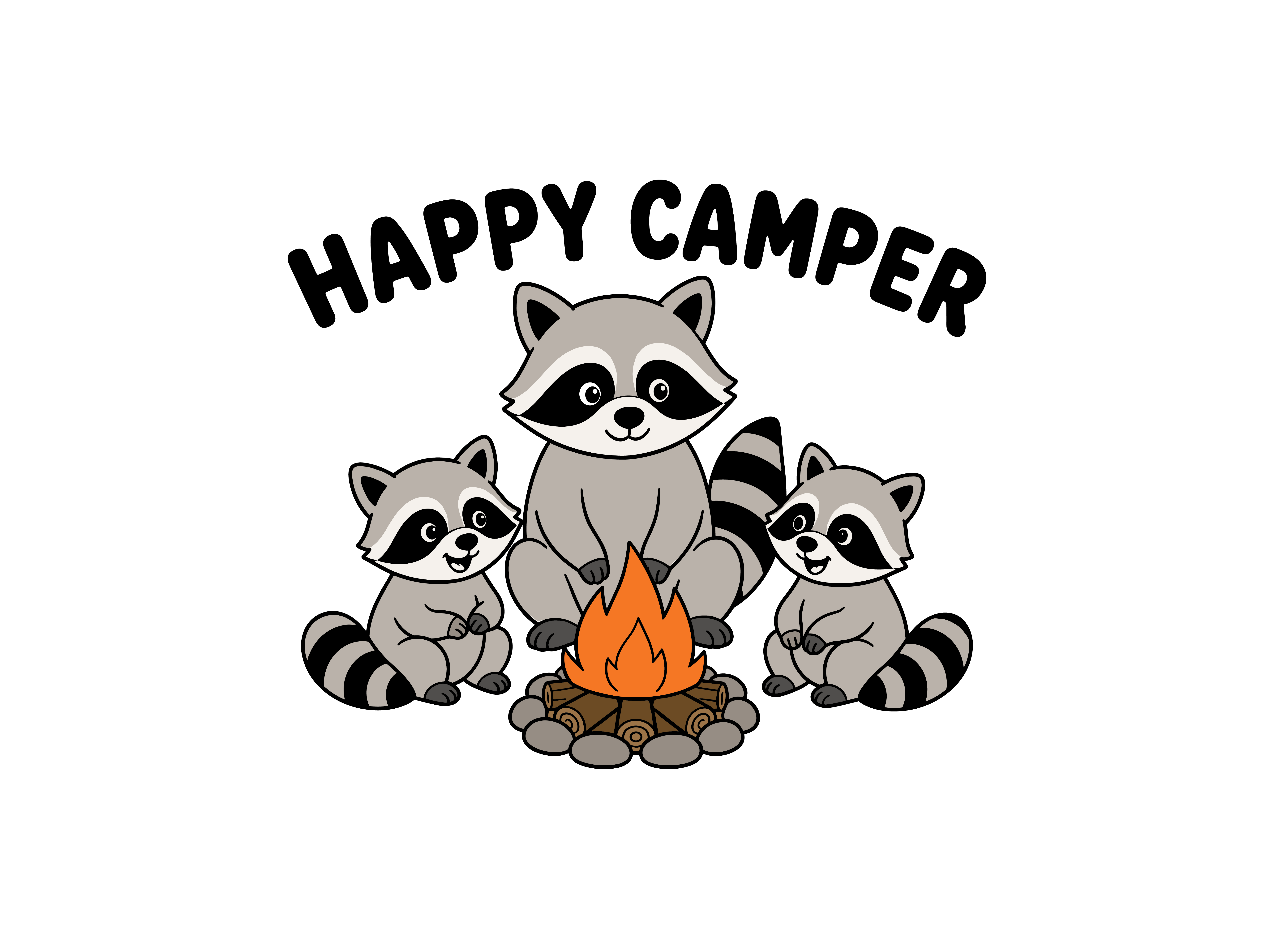 Happy Camper T-shirt | Camping & Adventure T-shirt Design adventure design animal illustration apparel design camping merch character illustration clothing brand cute illustration graphic design hiking merch hoodie design merch design merchandise nature design outdoor branding raccoon design screen print tshirt design typography vector art vector illustration
