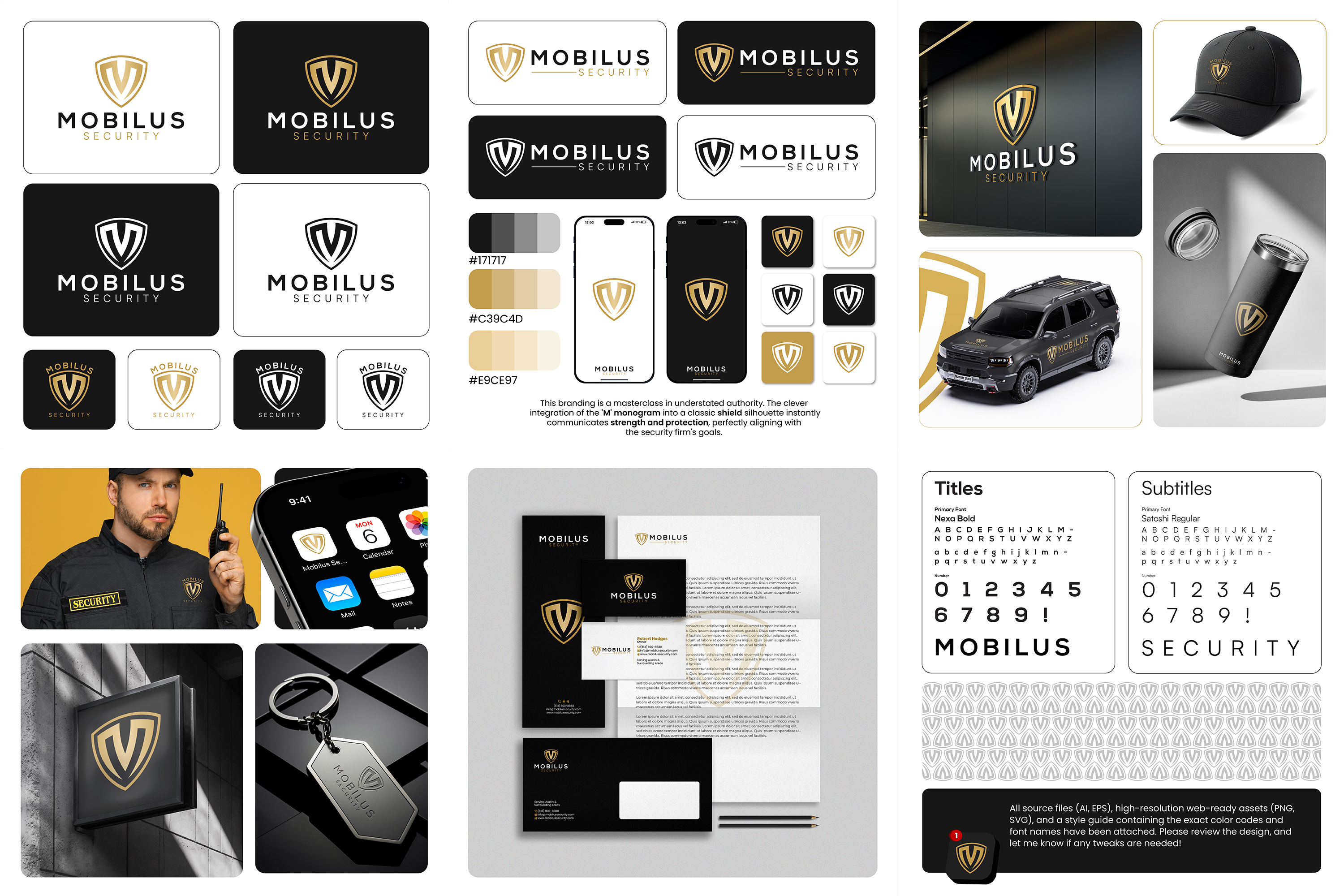Logo And Branding ( Mobilus Security ) black and gold brand identity branding corporate identity graphic design guard logo illustration logo luxury logo minimalist logo monogram security logo shield logo stationery design vector logo visual identity