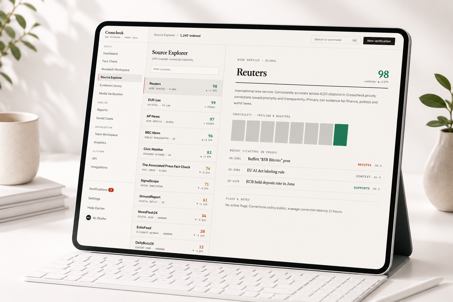 Crosscheck – Source Explorer | AI Fact-Checking Platform ai assistant ai dashboard ai fact checking ai saas content verification cyber security deepfake detection fact check fact check platform fact checker fake news detection journalism tool media saas media saas design misinformation tracking newsroom software source credibility ui trust and safety uiux design verification platform