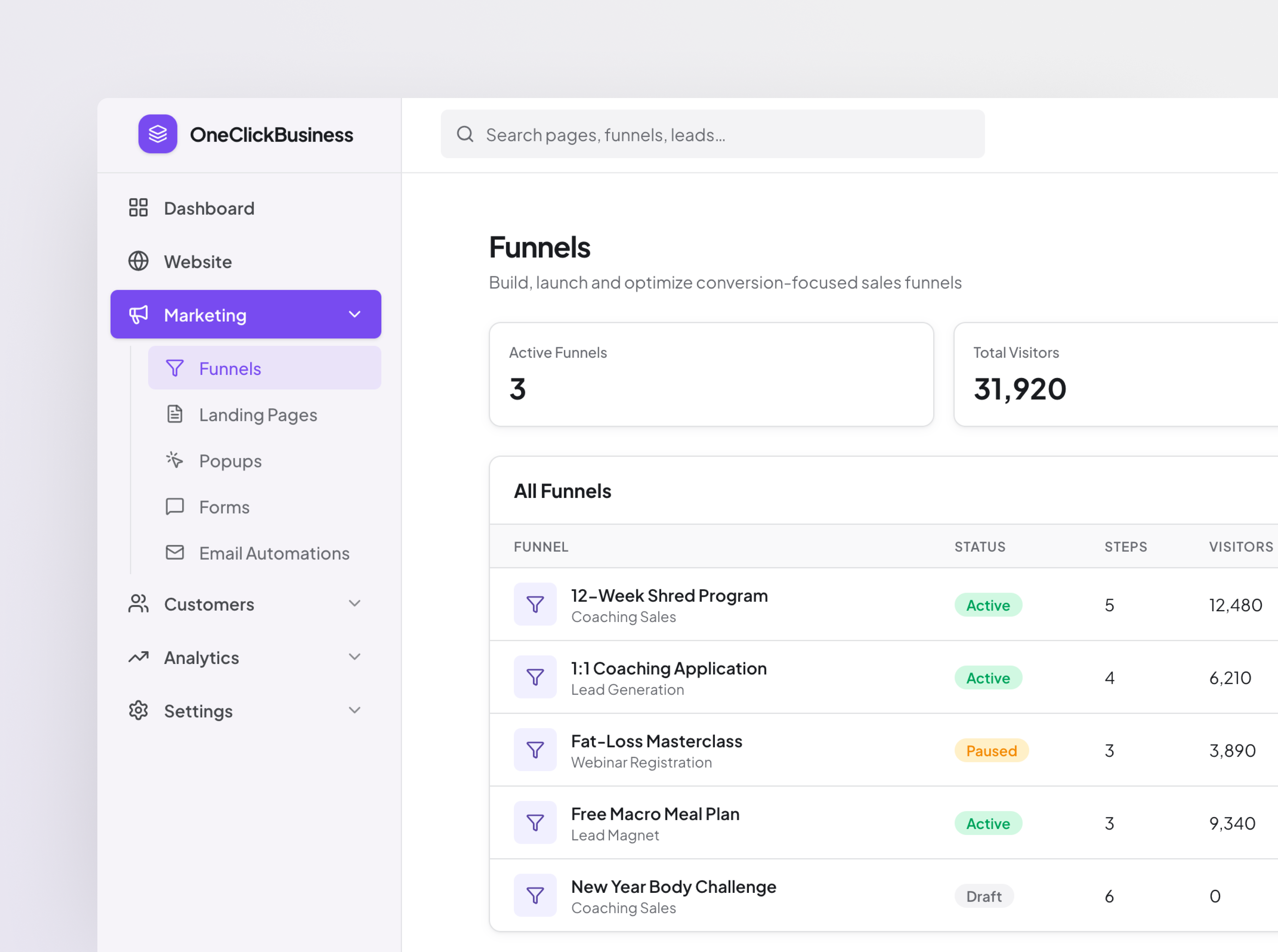 Marketing platform - Funnel management redesign b2b saas business software conversion funnels crm design systems funnel builder growth tools interaction design landing pages marketing platform product dashboard product design saas ui design ux design web app workflow design