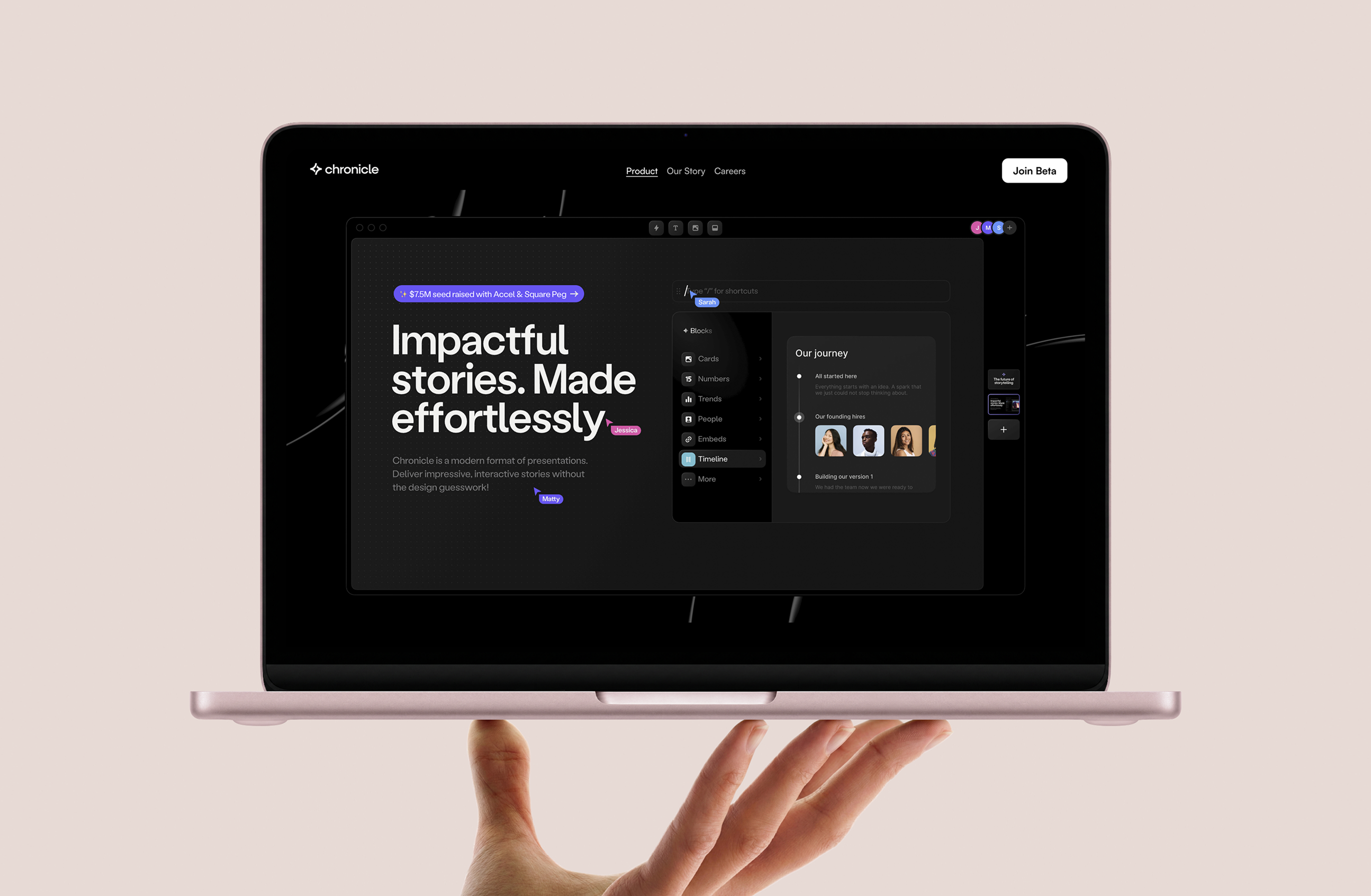 Chronicle - AI-Powered Storytelling SaaS Landing Page collaboration tool dark mode website dark ui data visualization editorial typography figma design glassmorphism landing page design modern ui design motion design presentation tool product design saas landing page saas landing page design saas landing page ui saas website design startup website storytelling platform template library web design