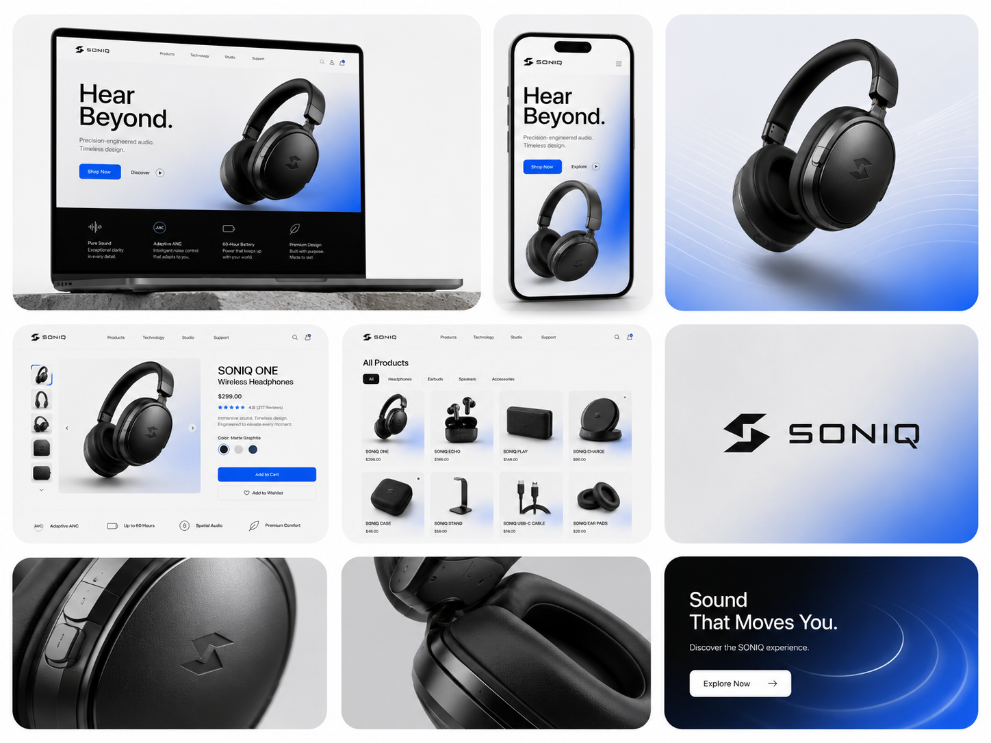 SONIQ - Modern Ecommerce Website & UI Design for Tech Brand branding ecommerce ecommerce design electronics figma design interactive design landing page minimal ui mobile ui modern website one product web page product design responsive technology ui design ui ux ux design web design web ui website design