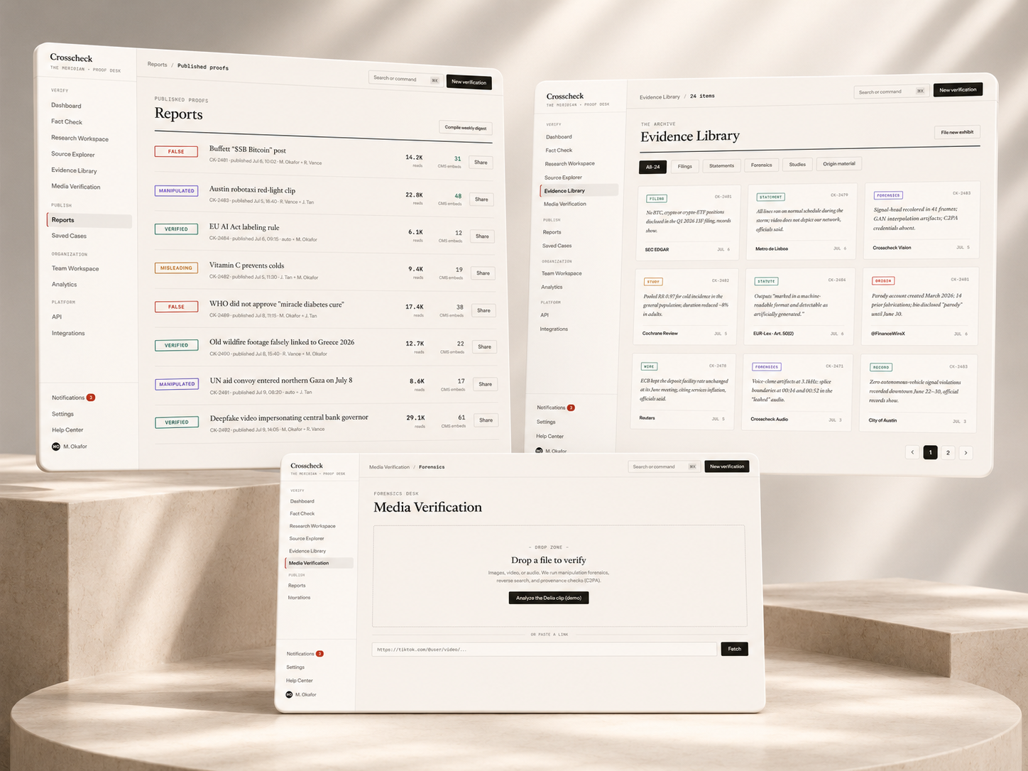 Crosscheck - AI Fact-Checking Platform ai assistant ai dashboard ai designer ai fact checking ai saas content verification cyber security dashboard deepfake detection deepfake detector fact check fact checker fact checking platform fact checking saas fake news detection media verification newsroom software trust and safety uiux design