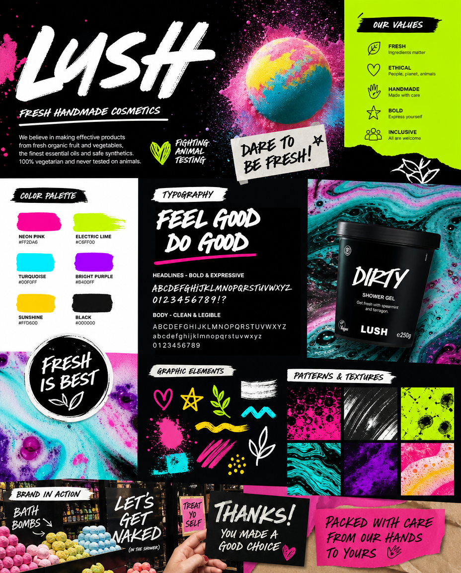 LUSH Brand Identity System & Visual Board brand guide brand identity branding color palette cosmetics graphic design lush packaging design style guide typography visual identity