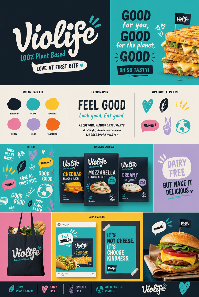 Violife Brand Identity System & Style Guide brand guidelines brand identity branding graphic design packaging design plant based style guide typography vegan violife visual identity