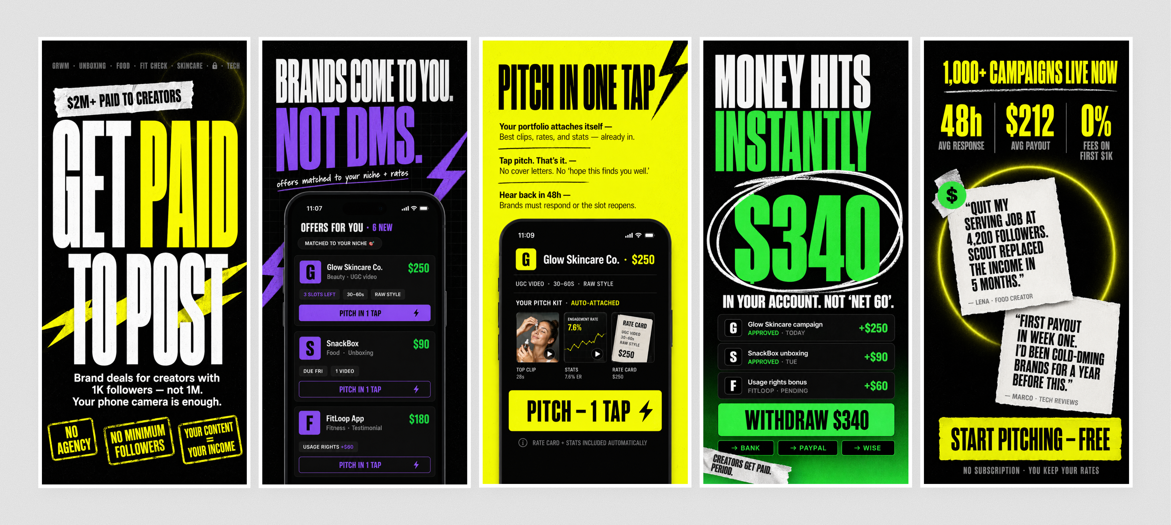 App Store Screenshots | Scout: Creator Marketplace App appstoredesign appstorescreenshots creatoreconomy creatormarketplace fintechdesign interface marketplacedesign typographydesign ui visualidentity
