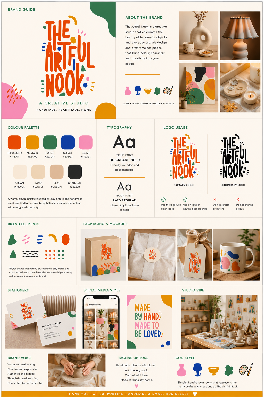 The Artful Nook Branding artisan brand brand book brand guidelines brand identity brand strategy brand style guide branding design color palette creative branding design system graphic design handmade brand identity design logo design logo guidelines packaging design stationery design typography visual branding visual identity