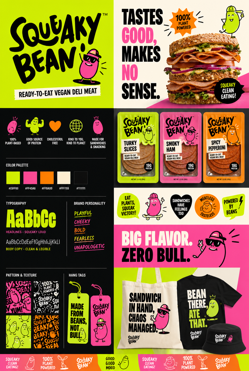 Squeaky Bean Brand Identity & Visual Guidelines Concept bold. brand identity branding graphic design illustration packaging design plant based squeaky bean style guide typography vegan visual identity