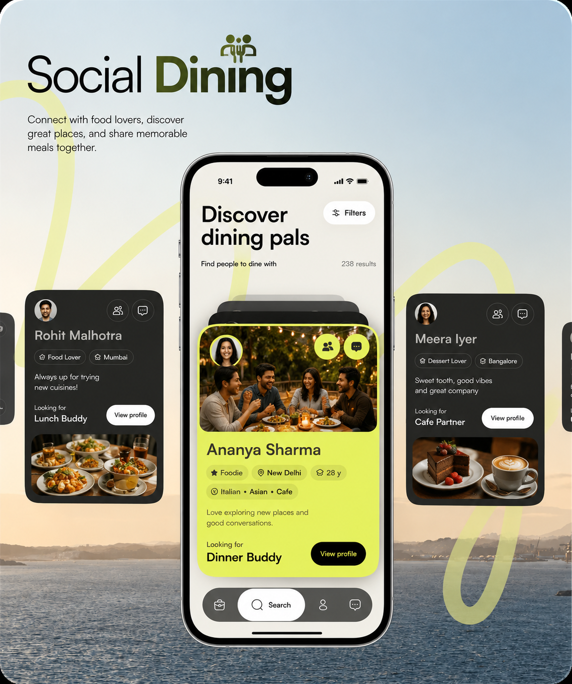 DineTogether: Social Dining App Experience app ui community platform designoweb technologies discover dining friends gathering jamm app lifestyle platform modern ui next gen ui social dining social gathering socialize trending ui ui ux