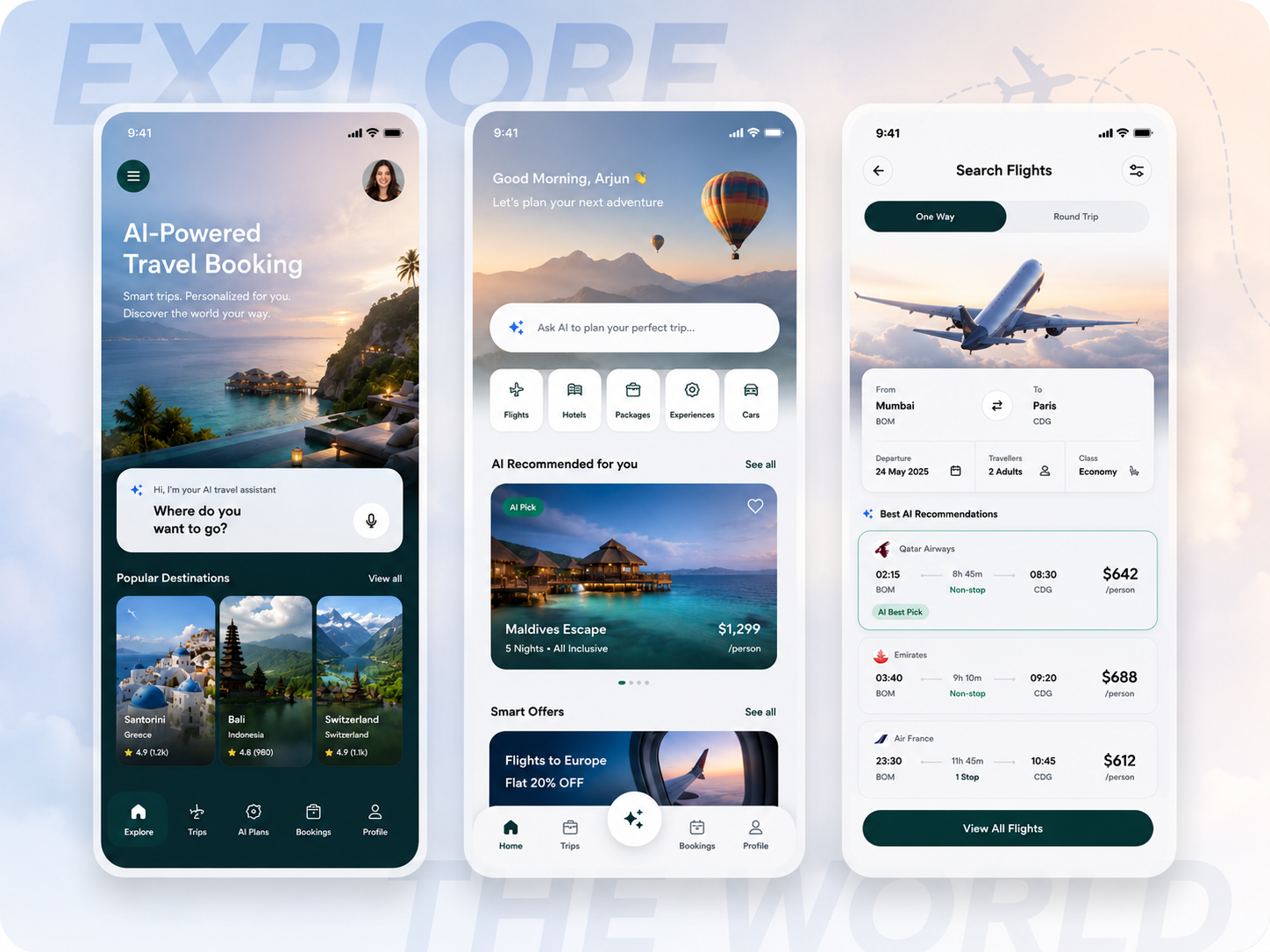 VoyAI: AI-Powered Travel Booking Experience ai ai recommendations app ui designoweb technologies iot product design search flights travel travel ai travel booking travel technology trending ui trips ui ux vacation planner