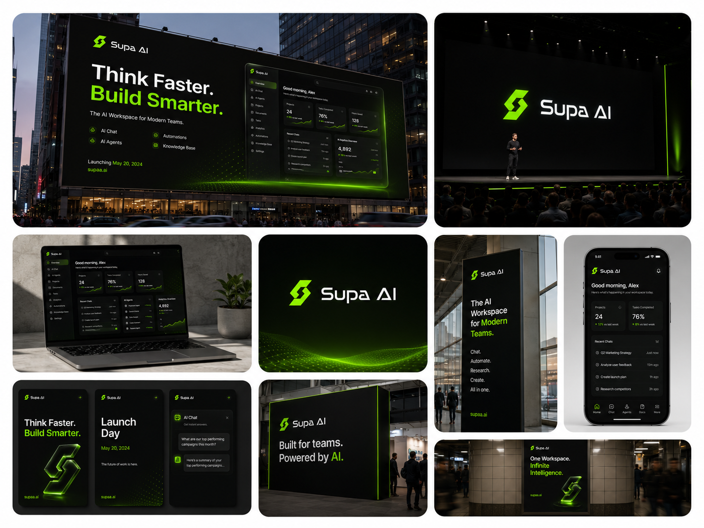 Supa AI - SaaS Branding / AI Product Launch Campaign, Socials ai ai product launch design artificial intelligence billboard design brand identity branding conference design design graphic design logo marketing campaign saas saas branding saas visual identity social media branding startup branding tech marketing technology branding ui