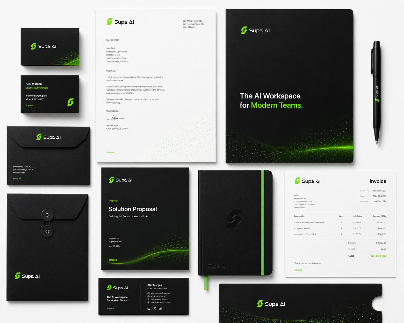 Supa AI - Corporate Brand Identity, Stationery and Merch Design ai brand identity branding conference design envelope greeting card id card letterhead merchandise design office kit design poster presentation design print saas stationary stationary design tech visual identity website workplace design