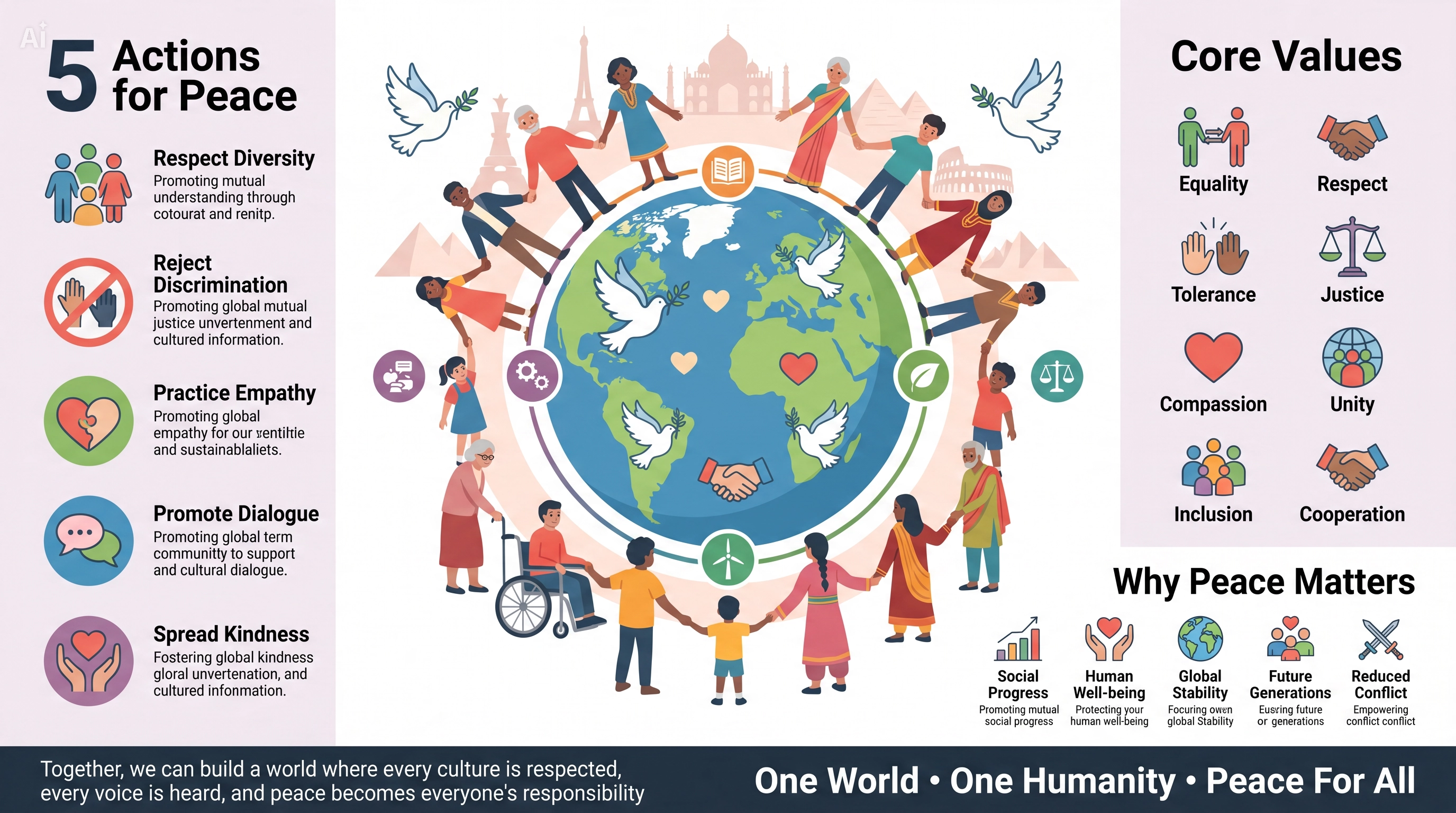 BUILDING A PEACEFUL WORLD TOGETHER campaign flat ilustration humanity icon ilustration infographic landscape peace peace for all poster world