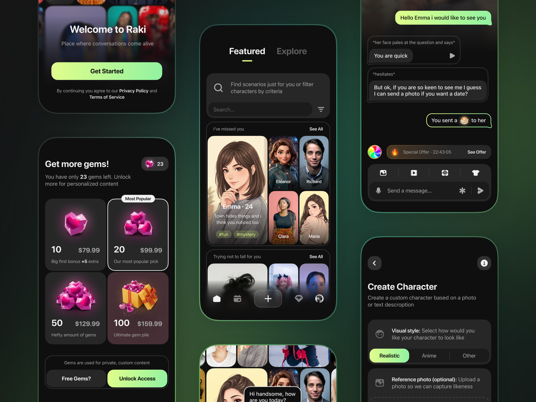 Raki, roleplay AI character chat ai app application character chat design mobile releplay ui