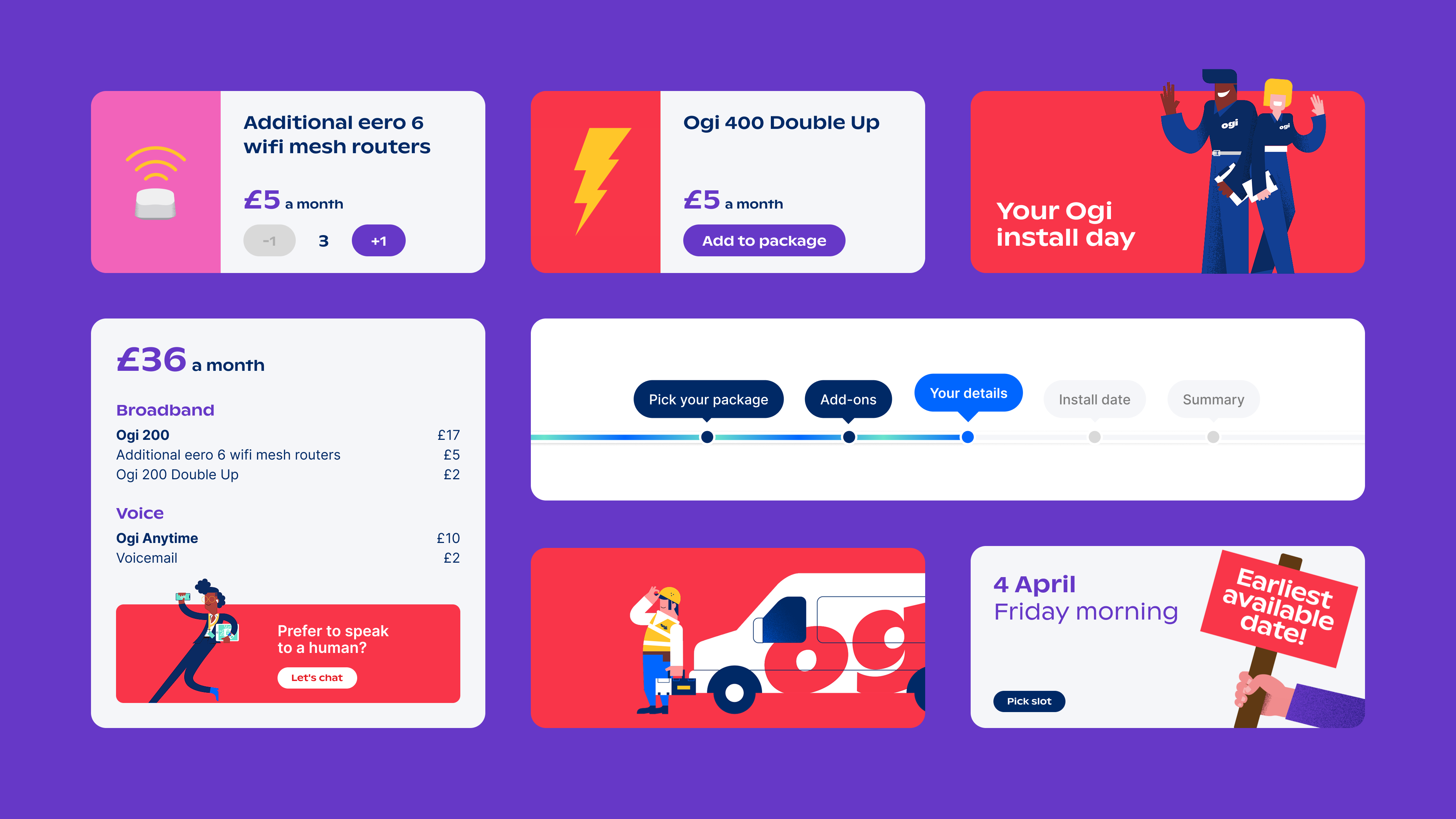 Website components for Ogi customer journey basket broadband buttons character illustration components e commerce ecommerce graphic design internet internet service provider package builder timeline ui user journey web design