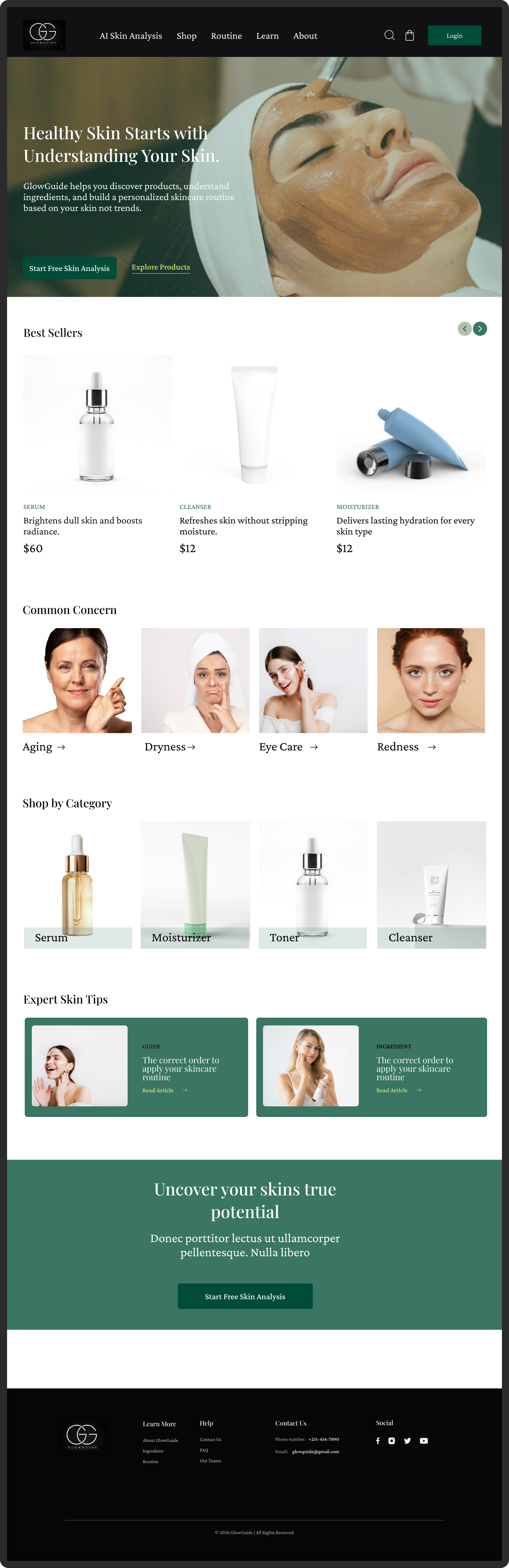 GlowGuide - AI Powered Skincare Assistant ai branding landingpage product design skincare ui ui design ux web design