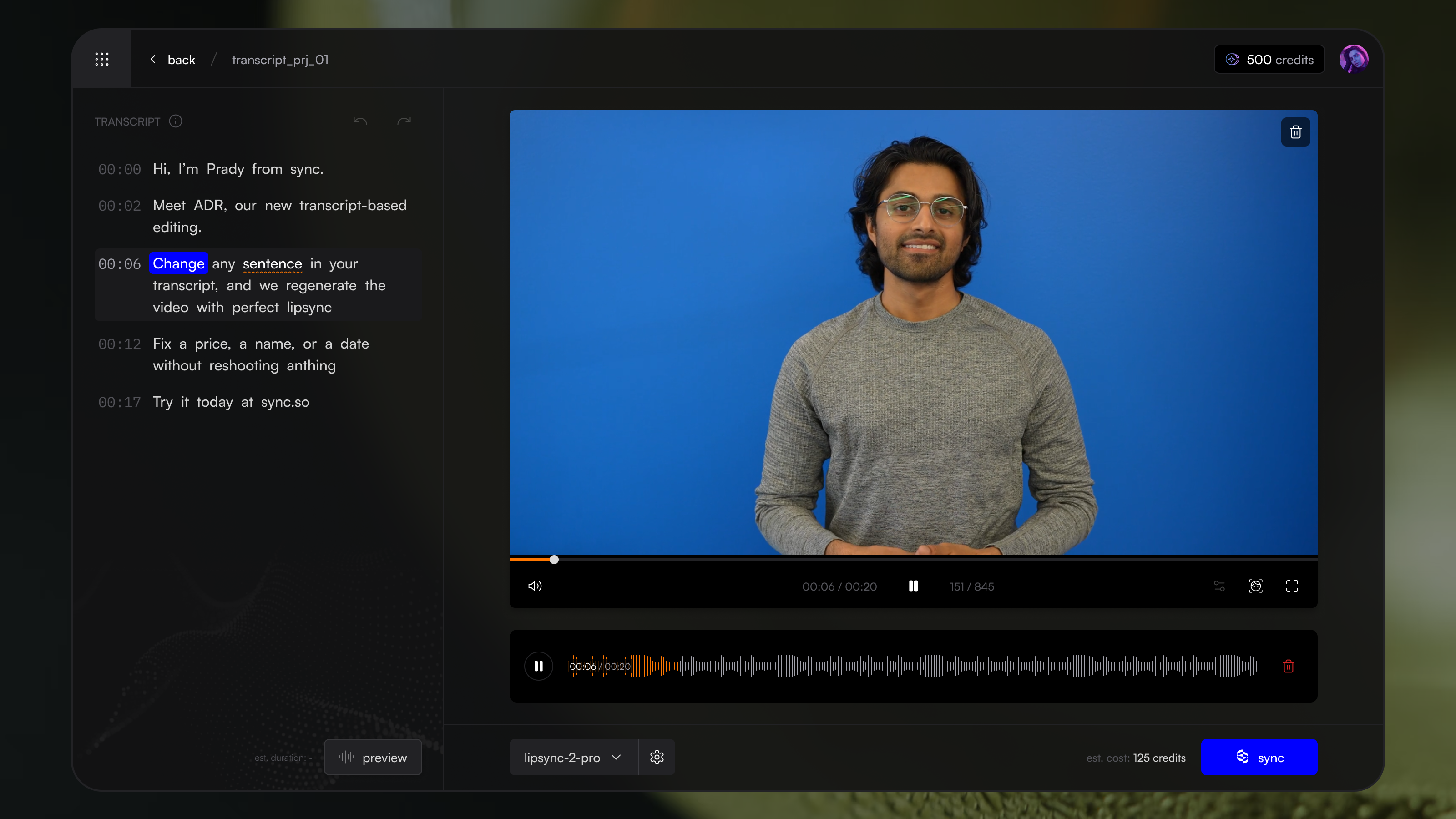 ADR - Transcript dialogue edit adr ai design dialogue edit lipsync product design sync.so transcript ui