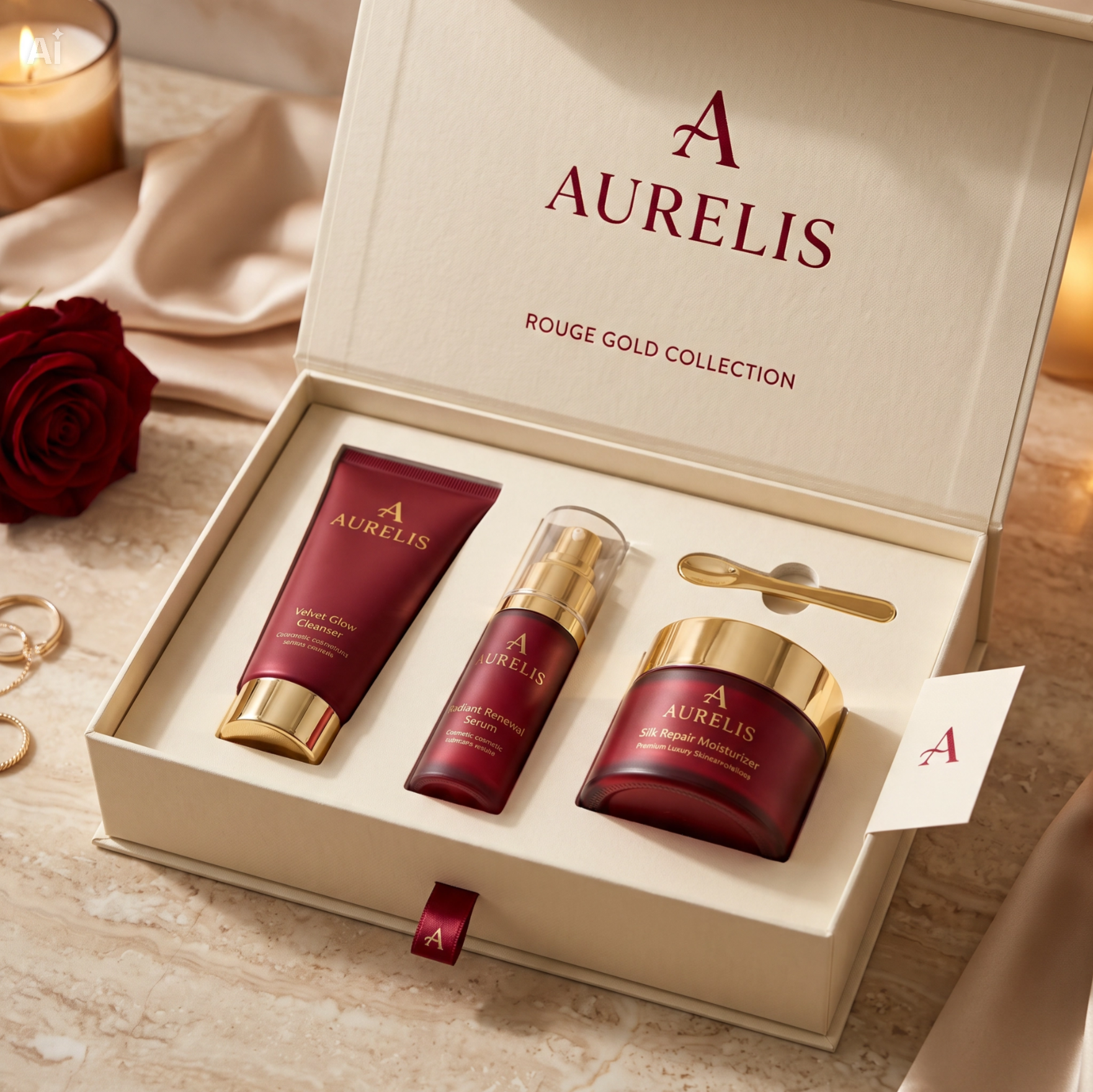 AURELIS ROUGE GOLD COLLECTION beauty branding beauty product brand identity cosmetic mockup cosmetic packaging facial cleanser gift box gold packaging luxury beauty luxury skincare moisturizer packaging design premium packaging product design product mockup ruby red serum skincare skincare set visual identity