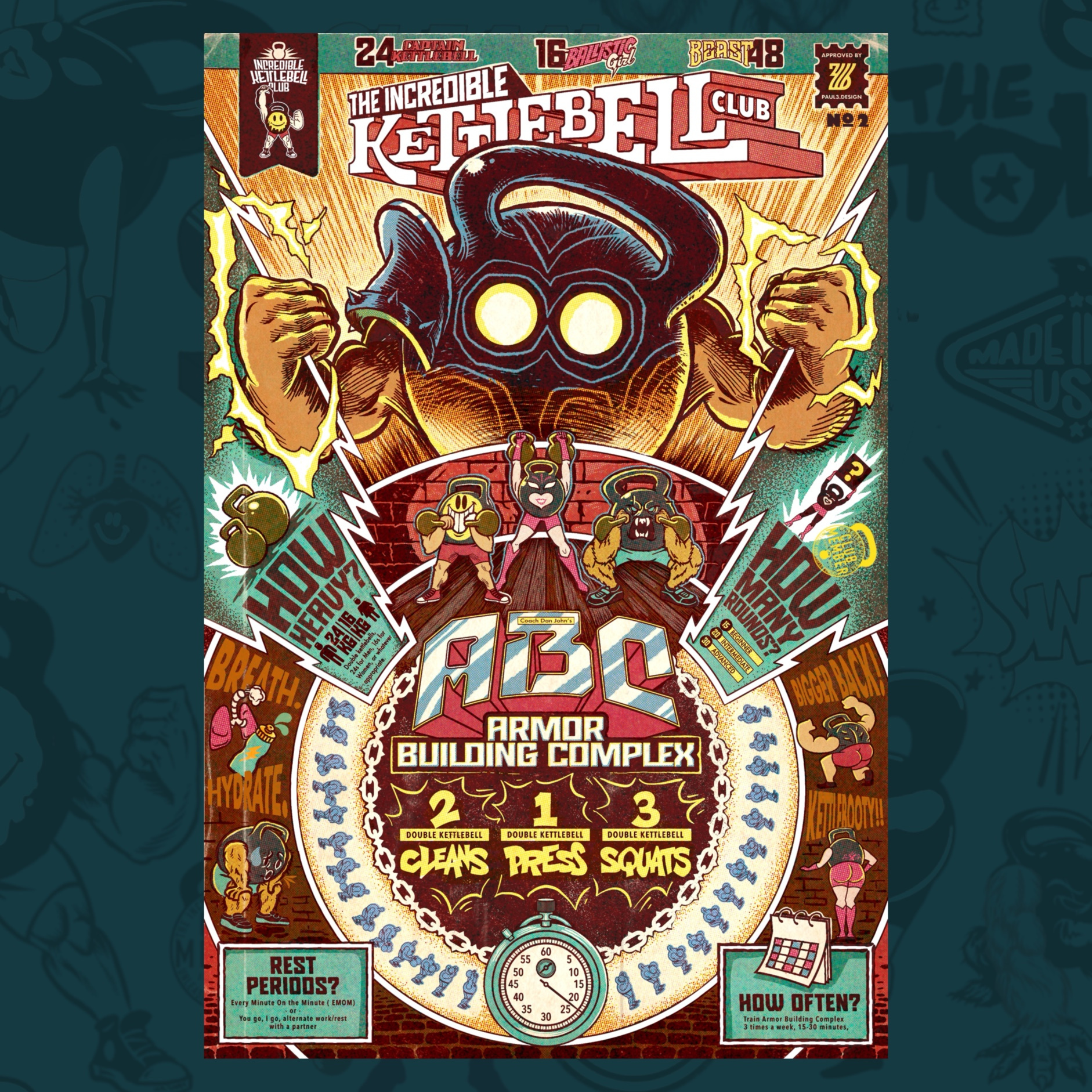 Incredible Kettlebell Club no. 2 poster: ABC affinity affinitydesign branding comic design fitness graphic design hand lettering illustration kettlebell lettering poster sports vector workout