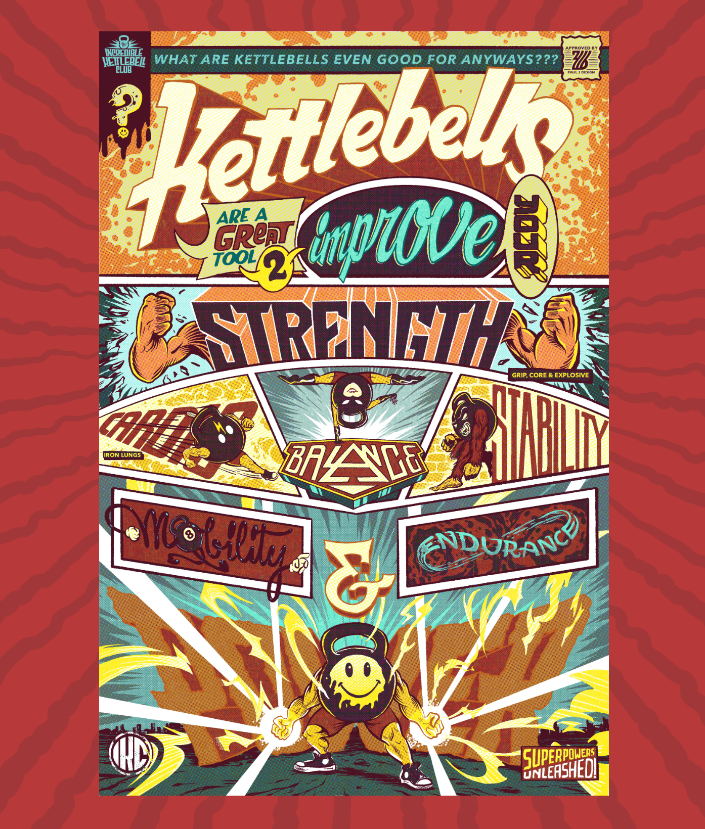 Incredible Kettlebell Club No.1 poster: Kettlebells?!? branding comic design fitness graphic design gym hero illustration kettlebell kettlebells lettering procreate