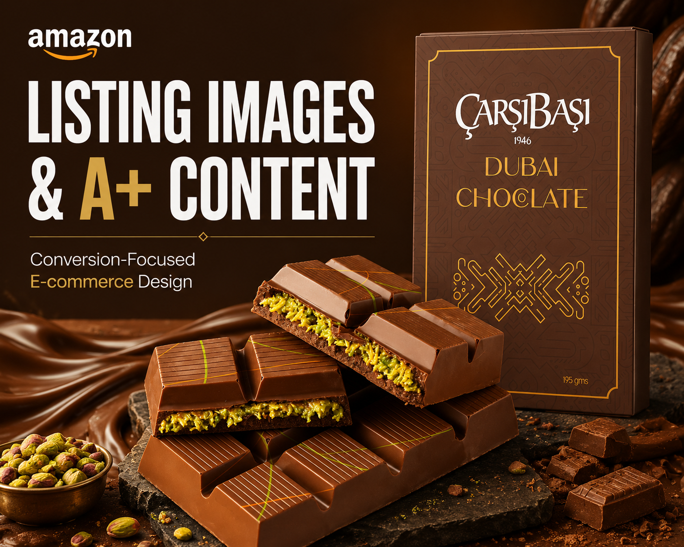 Amazon Listing Images & Premium A+ Content | Kunafa Chocolate amazon amazon a content amazon listing amazon listing images branding chocolate confectionery conversion design dubai chocolate ecommerce ecommerce design food photography gourmet food infographic luxury chocolate packaging design pistachio kunafa premium a content product marketing product photography