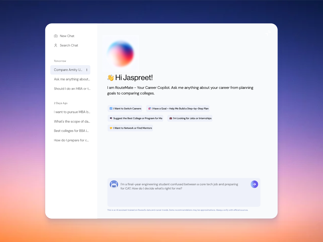 AI Career Guidance Assistant | Dashboard UI ai ai chat career tech chatbot dashboard dashboard design design edtech glassmorphism interaction design modern ui navigation product design saas ui user interface ux visual design web app web dessign