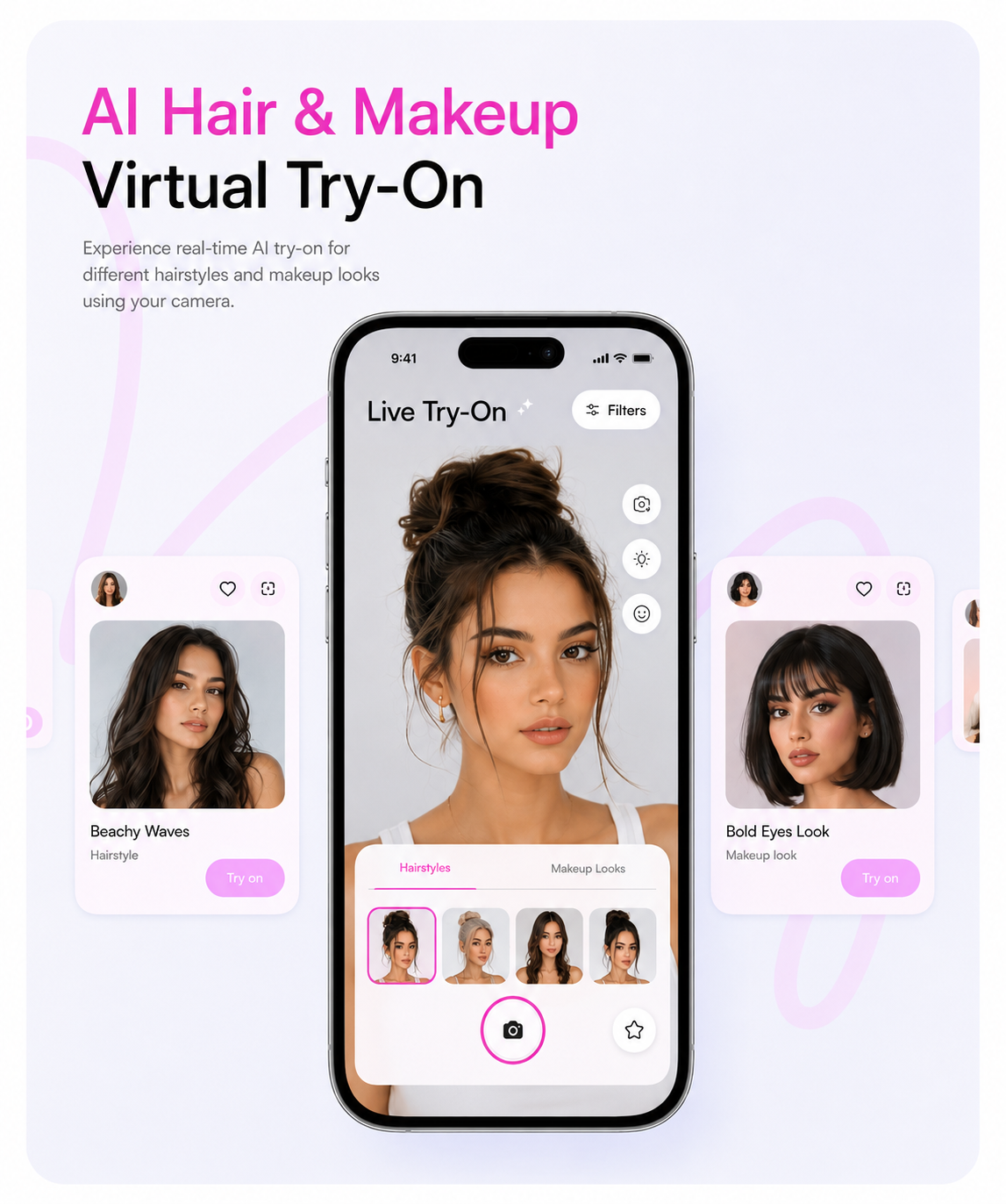 AI Beauty: Virtual Hair & Makeup Try-On Experience ai suggestions ar beauty app beauty inspiration designoweb technologies fashion filters hairstyle try on live try ons make up try on nextgen ui personalized recommendation real time ai hair ui ux