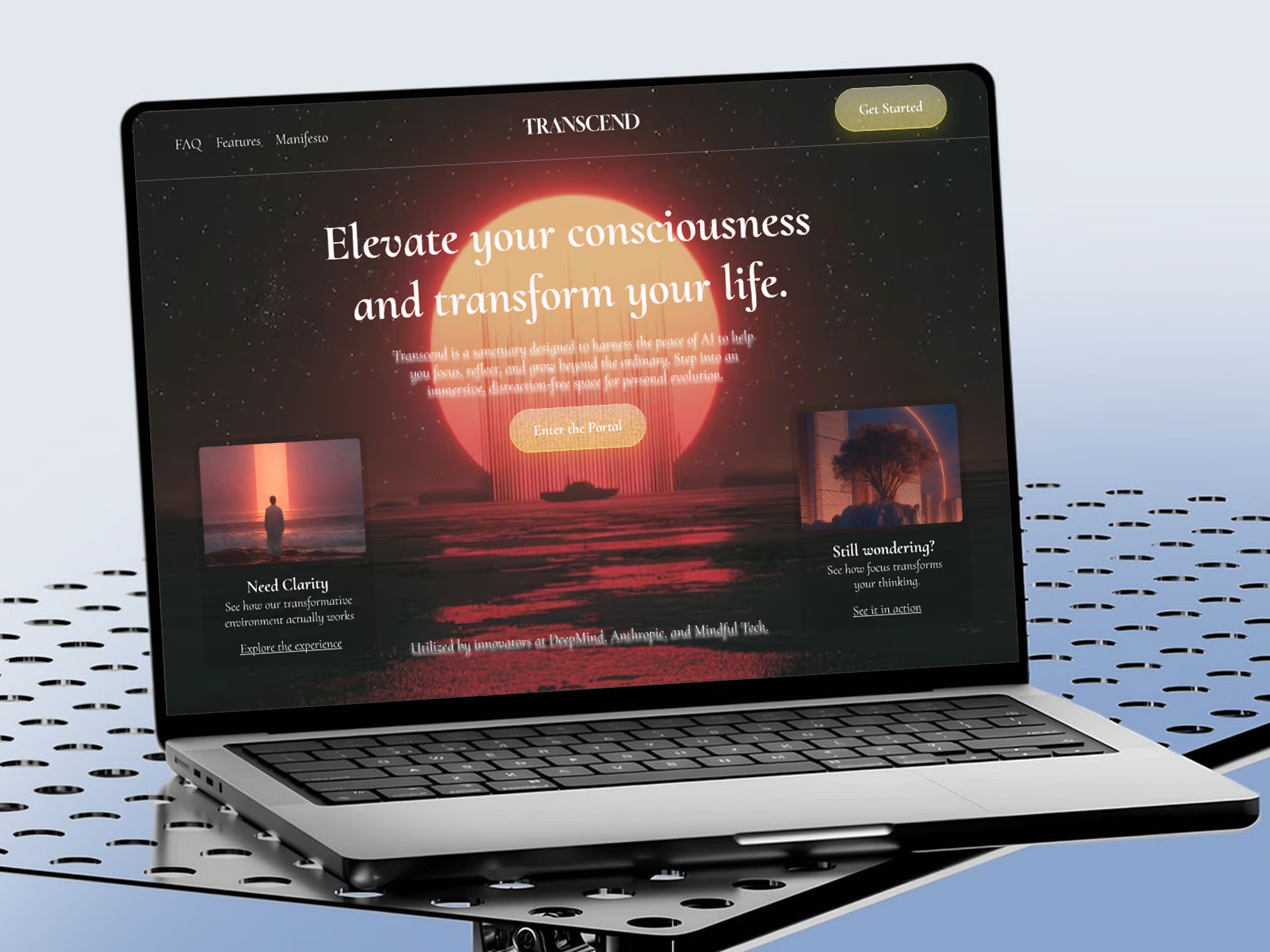 Meditation & Personal Growth Landing Page UI Design calming interface creative portfolio dark theme dribbble design glassmorphism landing page lifestyle design meditation meditation app mental wellness mindfulness minimalist ui modern website personal growth self improvement spiritual wellness ui design ux design web design wellness
