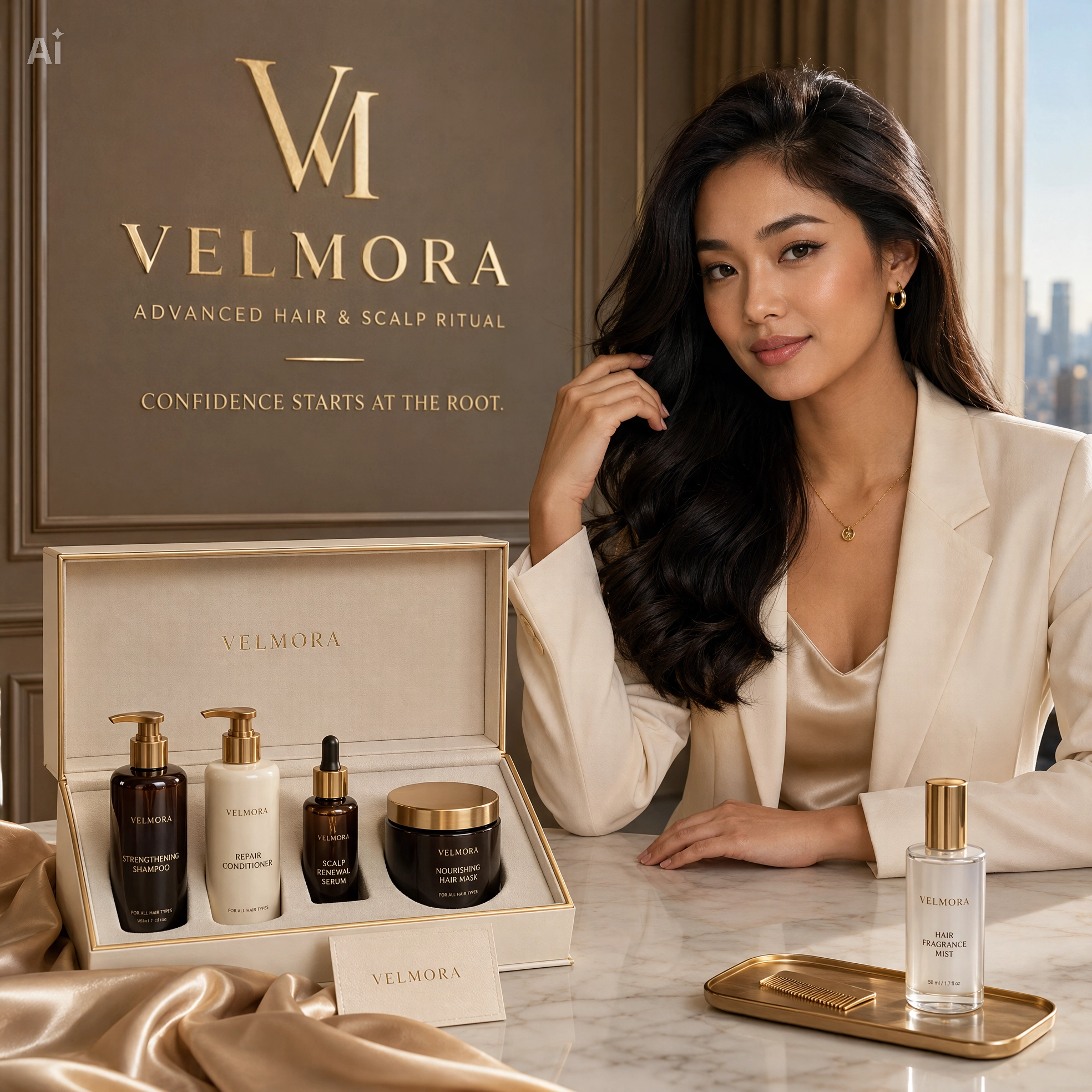 VELMORA — Confidence Starts at the Root advertising design ai design art direction beauty branding beauty campaign brand identity campaign design cosmetic packaging editorial design feminine branding graphic design haircare haircare packaging luxury branding luxury packaging packaging design premium branding product design product mockup visual identity