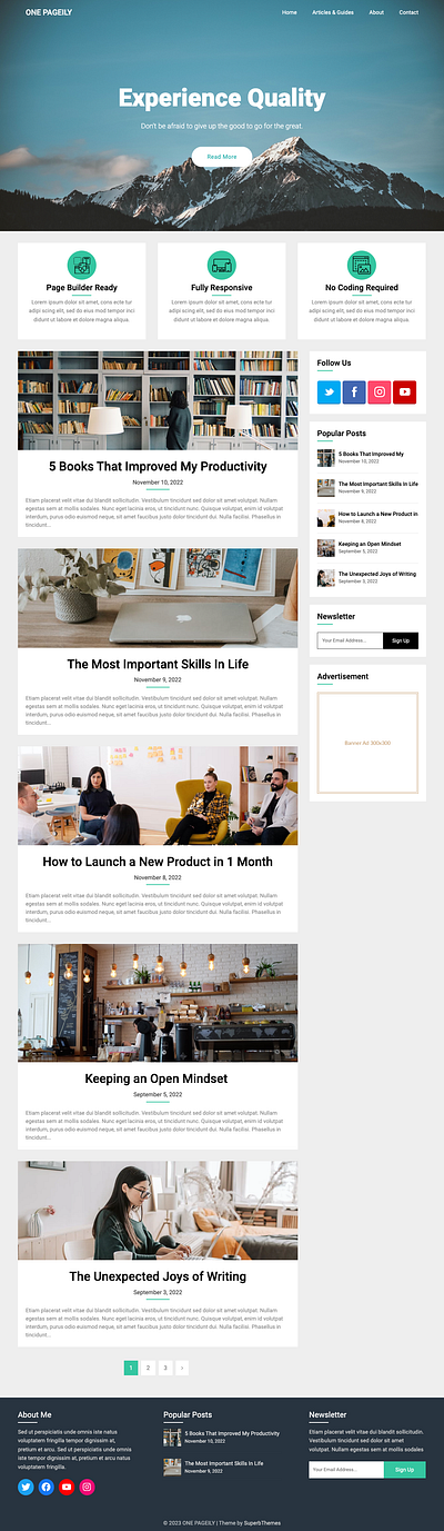One Pageily - A Free Landing Page & One-Page WordPress Theme blogging download free frontpage landing one one page page template theme website wordpress