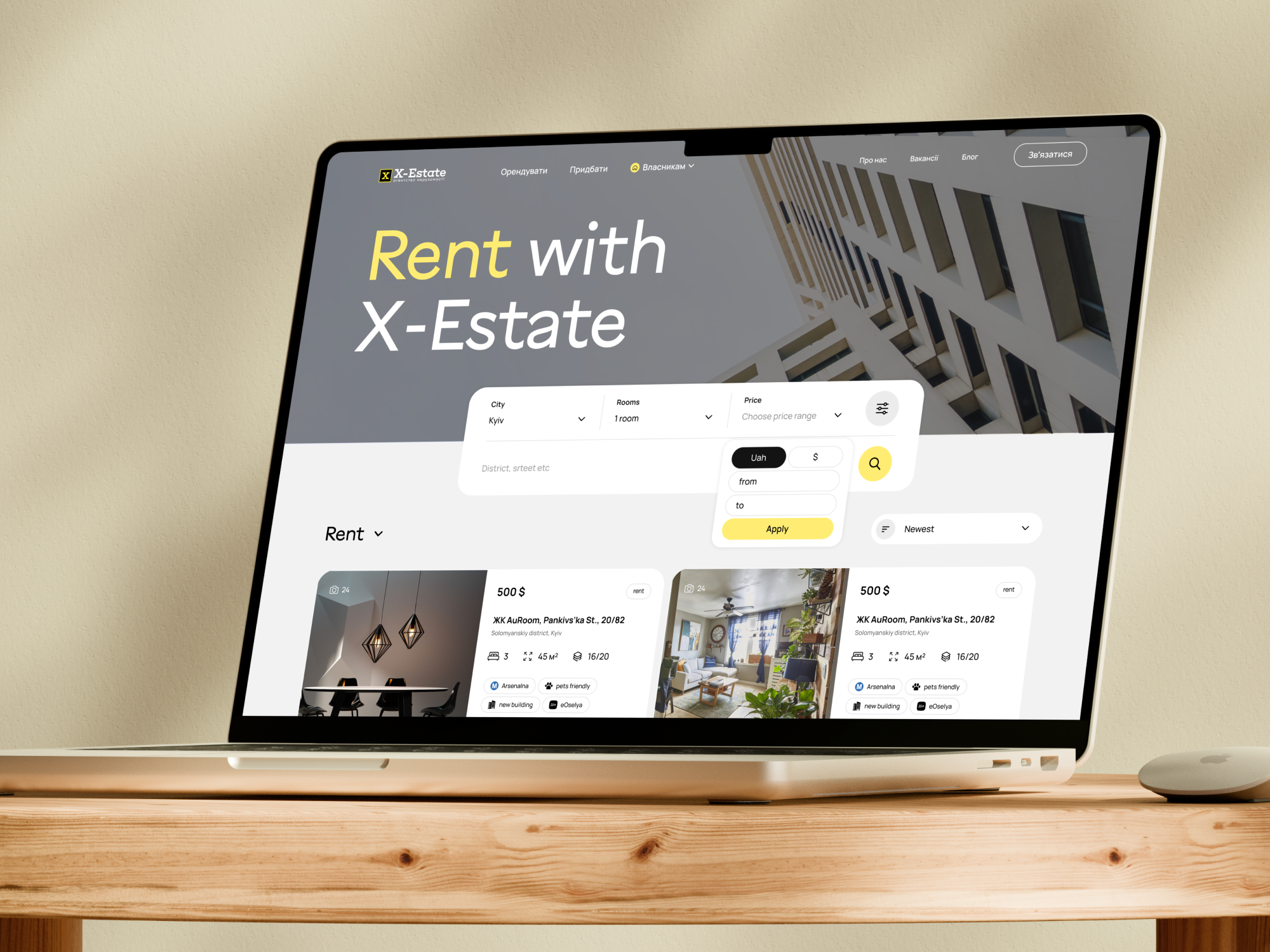 X-Estate | Responsive Desktop Real Estate Search UI agent portfolio ui apartment search web clean user experience conversion landing page corporate branding design high fidelity wireframe house hunting application interactive search filter minimal web design modern dashboard ui property management web property rental landing proptech ui ux real estate portal real estate website rental marketplace design residential agency portal tech startup web verified listings ui yellow layout interface