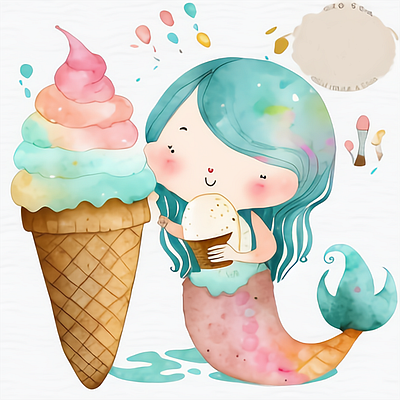 Cute Mermaid Watercolor with Ice Cream Clipart wild