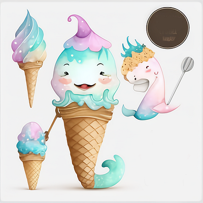 Cute Mermaid Watercolor with Ice Cream Clipart wild